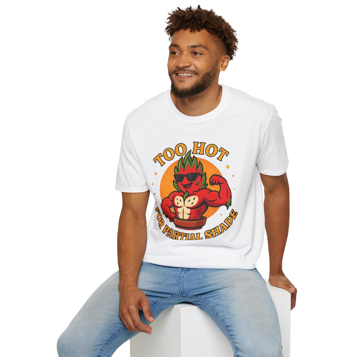 Too Hot For Partial Shade T-Shirt | Flaming Dragon Fruit Cartoon Design | Men's T-Shirt Plant Lover