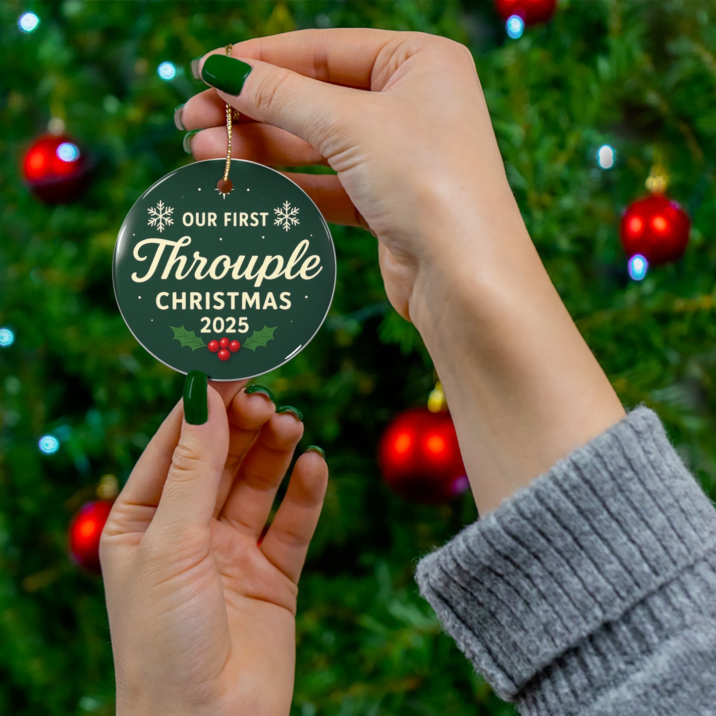 Our First Throuple Christmas 2025 Ceramic Ornament | Round Holiday Decoration