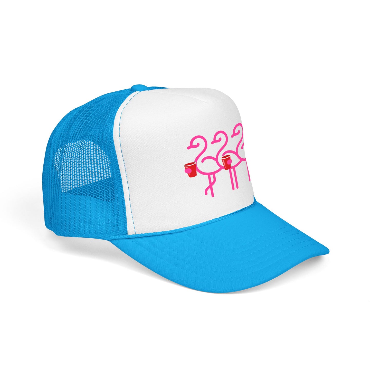 Pink Flamingo Trio Foam Trucker Hat | Retro Beach Party Mesh Cap | Red Cup Throuple Life