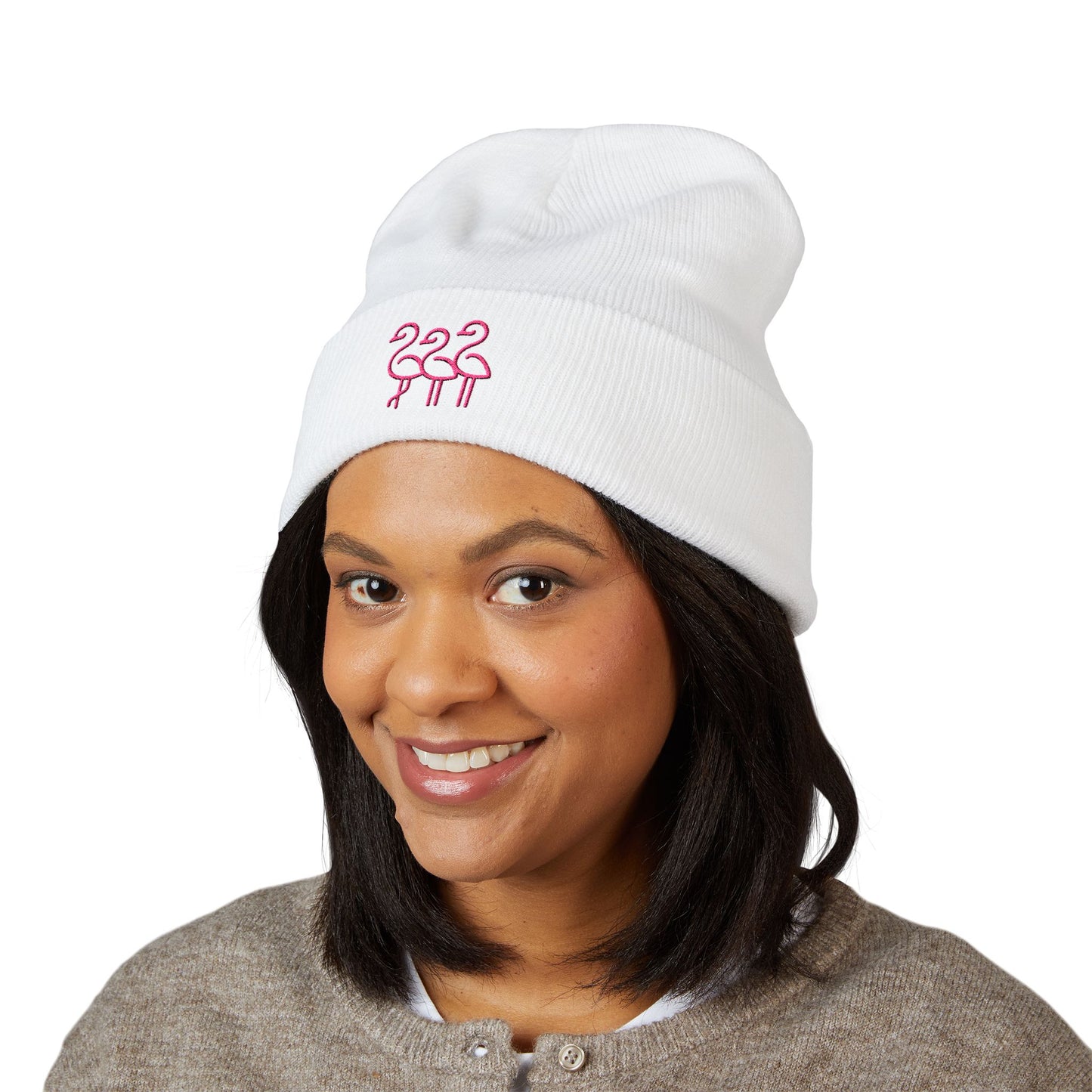 Pink Flamingo Trio Soft Beanie | Cuffed Embroidered Beanie | Throuple Gift Ideas