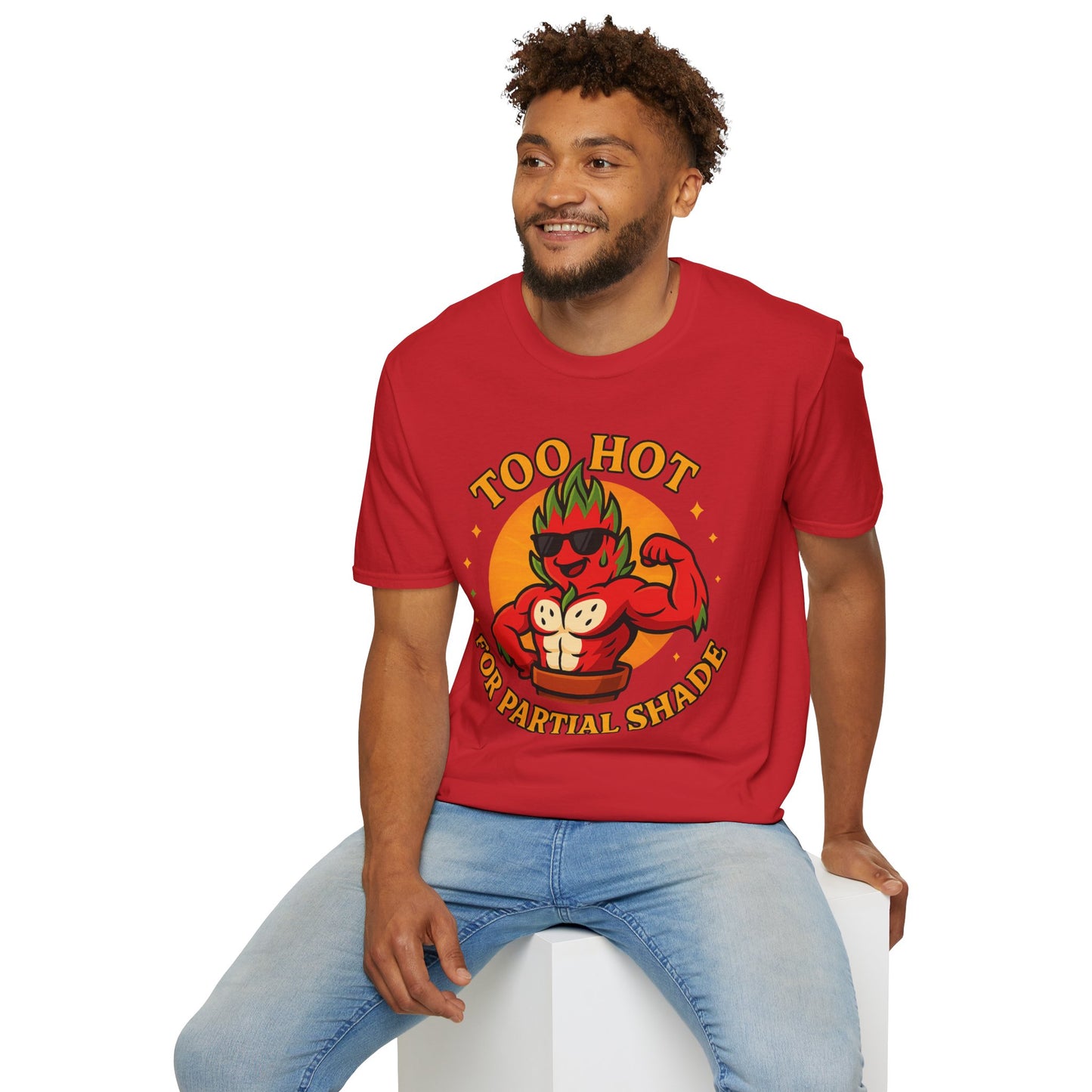 Too Hot For Partial Shade T-Shirt | Flaming Dragon Fruit Cartoon Design | Men's T-Shirt Plant Lover