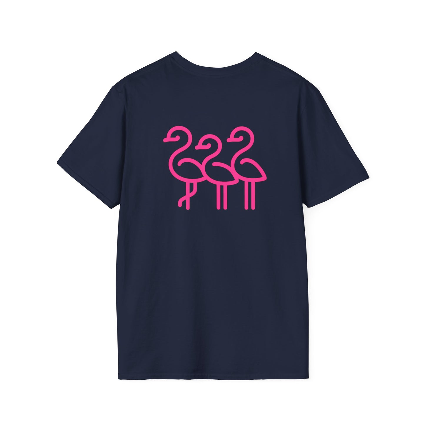 Pink Flamingo Trio T-Shirt | Small Chest Logo, Back Graphic | Throuple Shirt