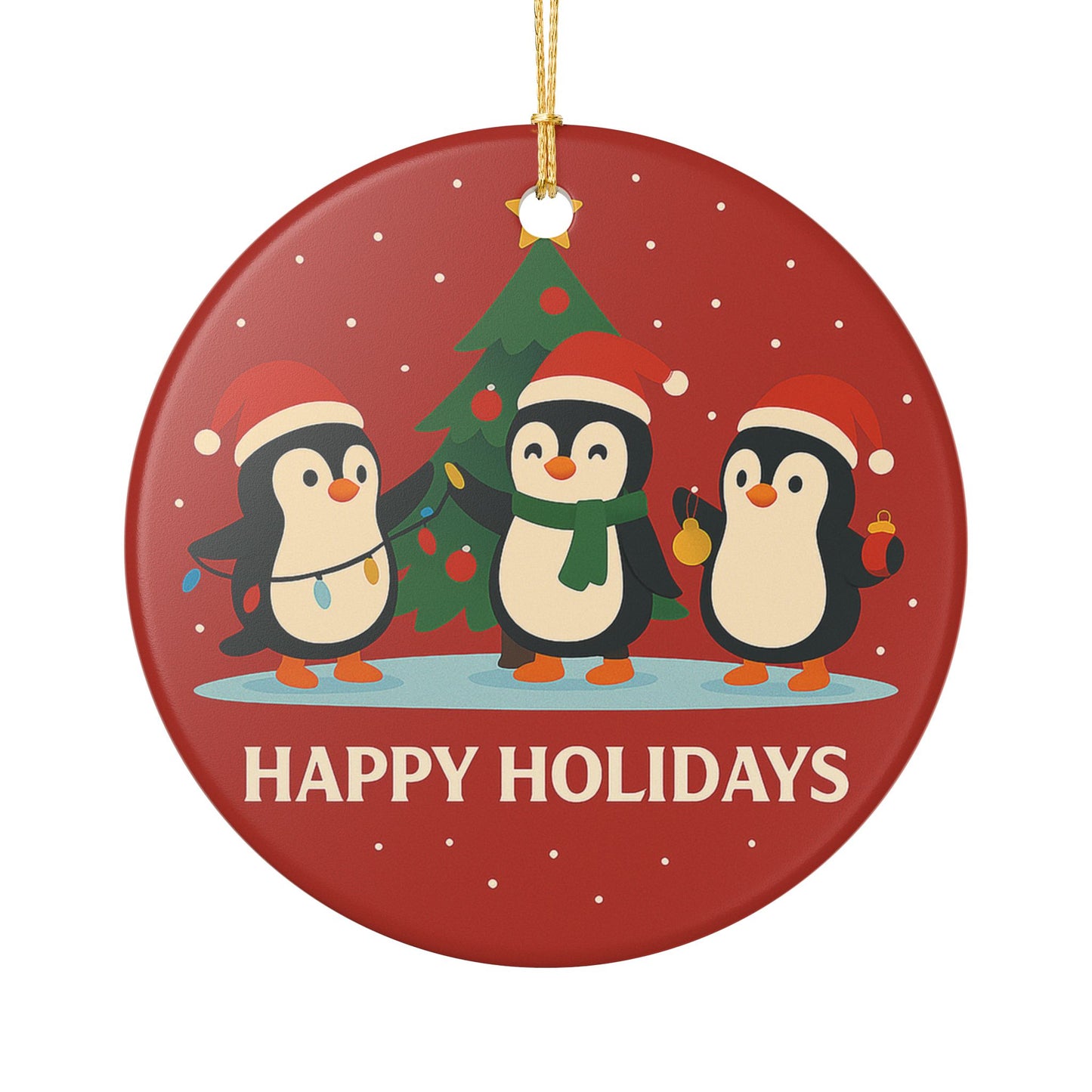 Happy Holidays Trio Penguins Ornament | Ceramic Holiday Ornament | Throuple Ornament Christmas Tree
