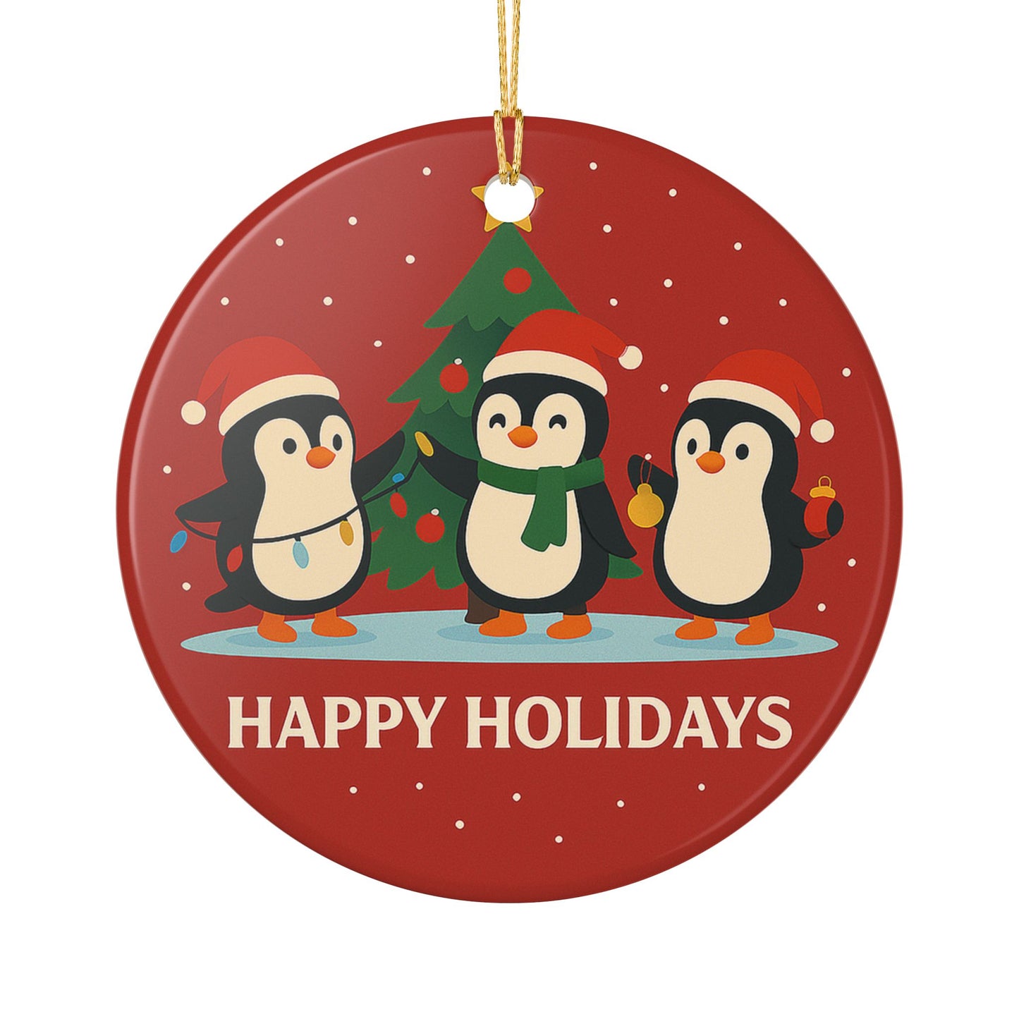 Happy Holidays Trio Penguins Ornament | Ceramic Holiday Ornament | Throuple Ornament Christmas Tree
