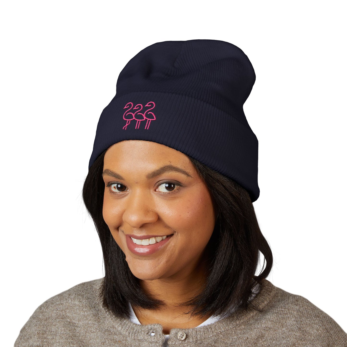 Pink Flamingo Trio Soft Beanie | Cuffed Embroidered Beanie | Throuple Gift Ideas
