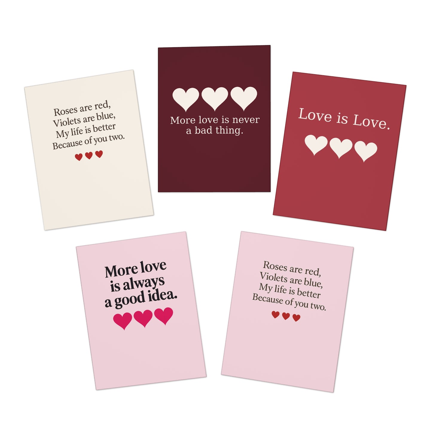 Love Hearts Poetry Greeting Cards 5-Pack | Romantic Valentines Note Cards | Throuple Valentine's Day Cards