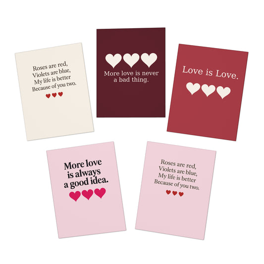 Love Hearts Poetry Greeting Cards 5-Pack | Romantic Valentines Note Cards | Throuple Valentine's Day Cards