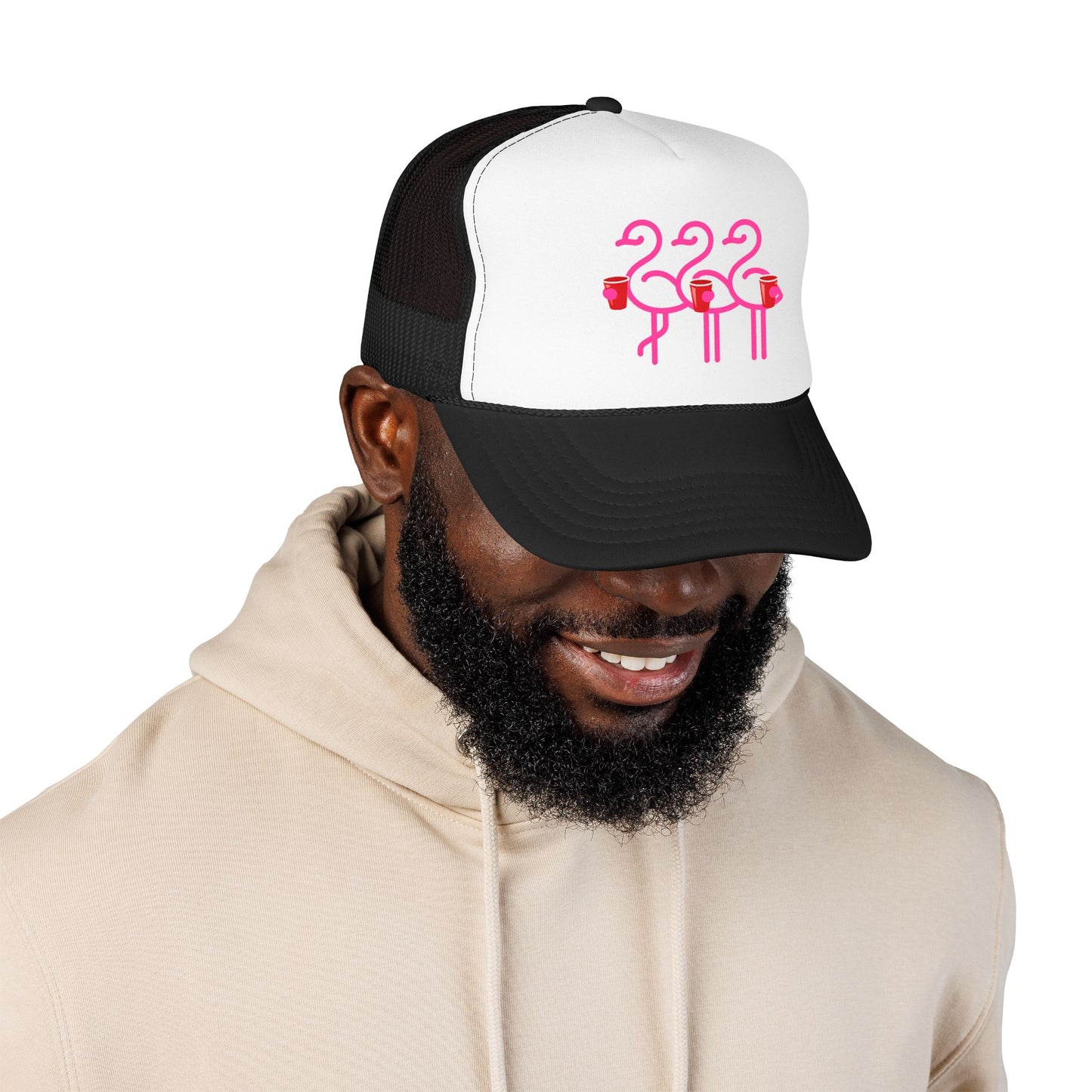 Pink Flamingo Trio Foam Trucker Hat | Retro Beach Party Mesh Cap | Red Cup Throuple Life