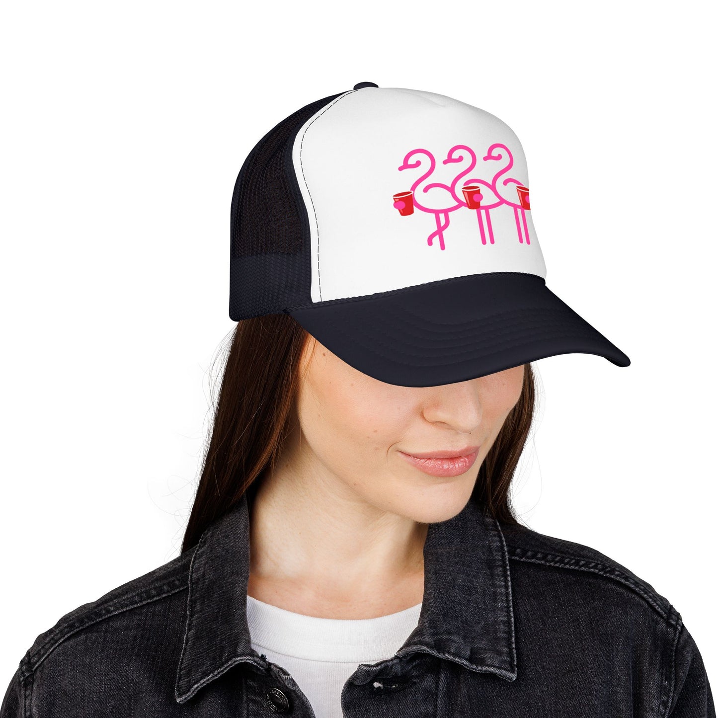 Pink Flamingo Trio Foam Trucker Hat | Retro Beach Party Mesh Cap | Red Cup Throuple Life