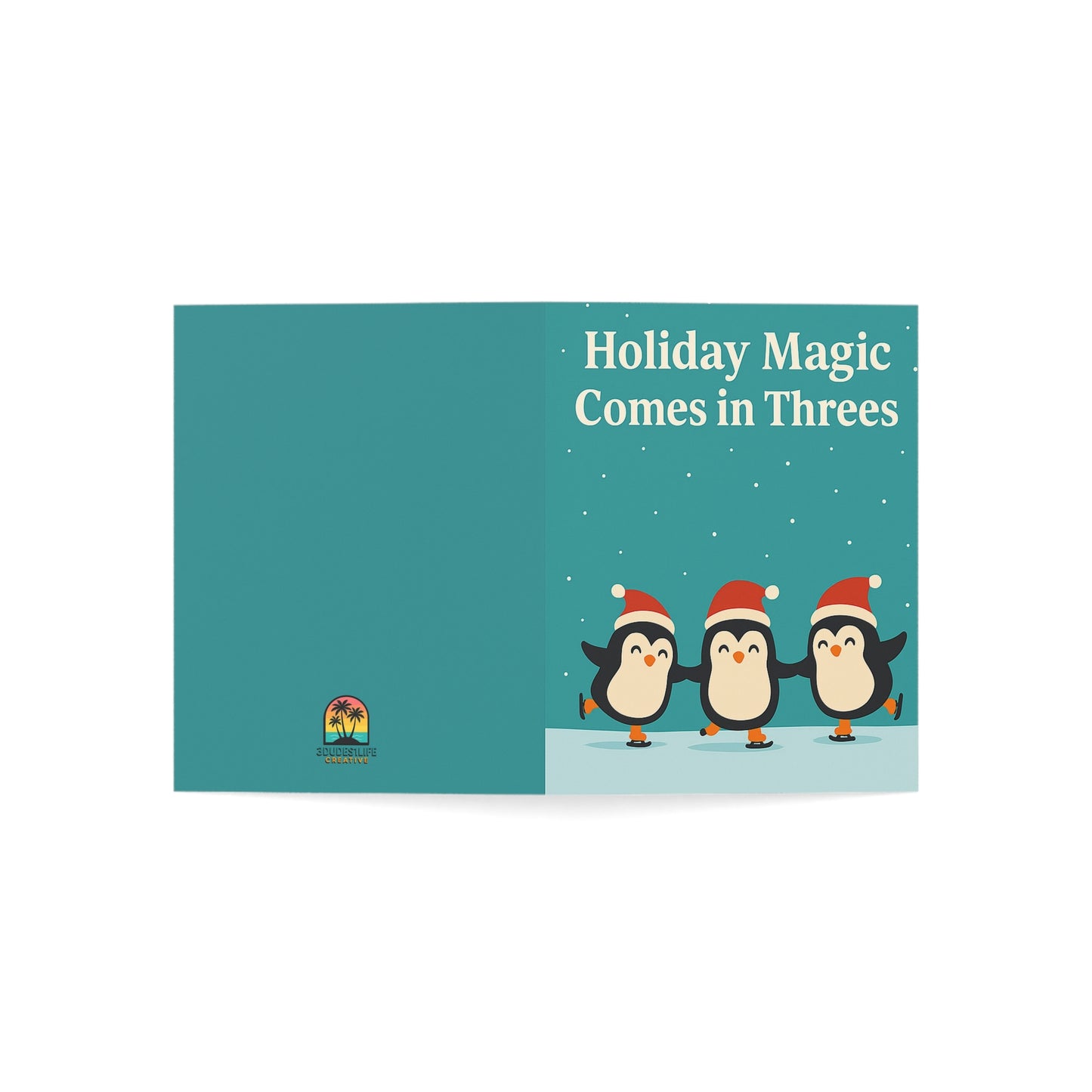 Holiday Magic Comes in Threes Greeting Cards | Penguins Holiday Card Blank Inside | Throuple Card