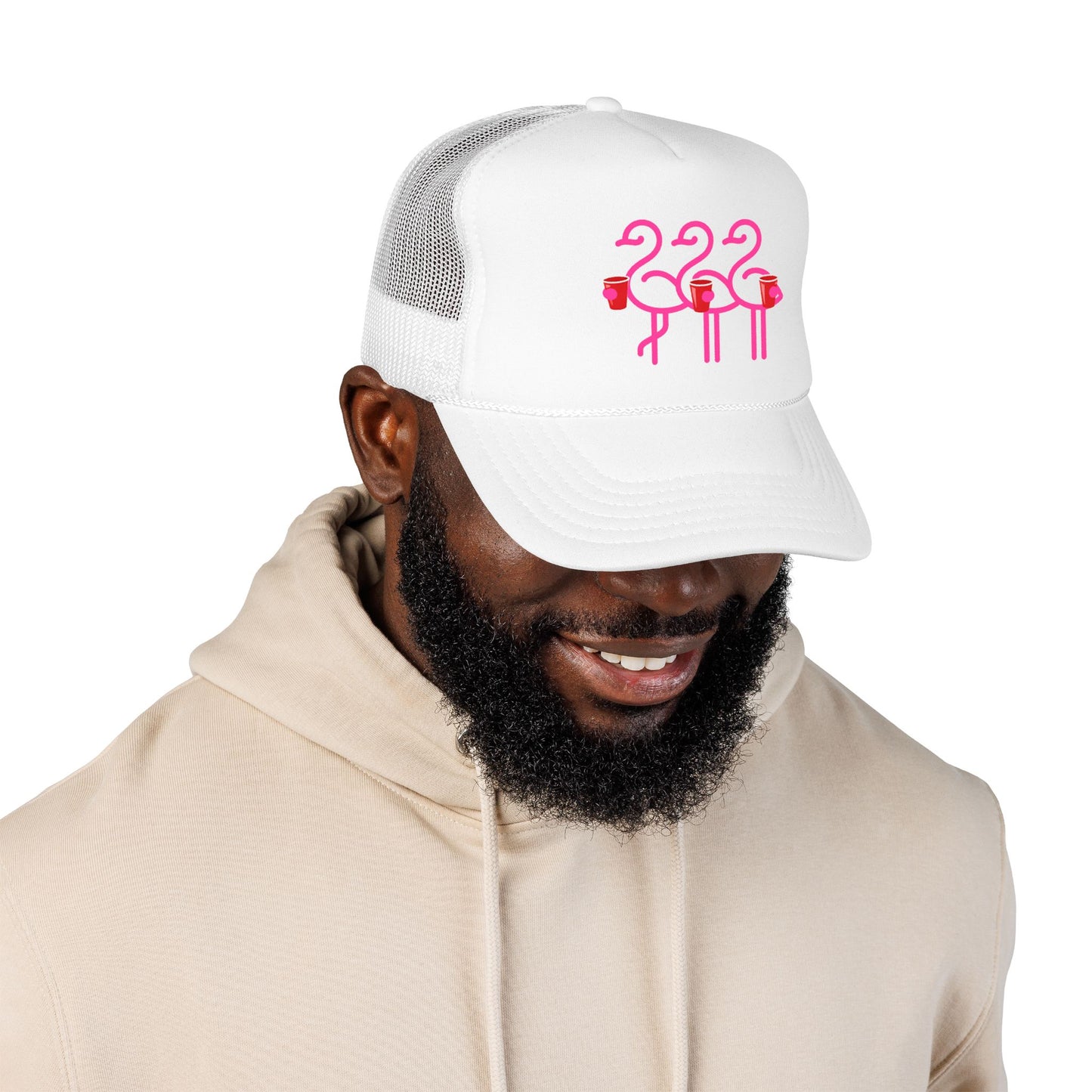Pink Flamingo Trio Foam Trucker Hat | Retro Beach Party Mesh Cap | Red Cup Throuple Life