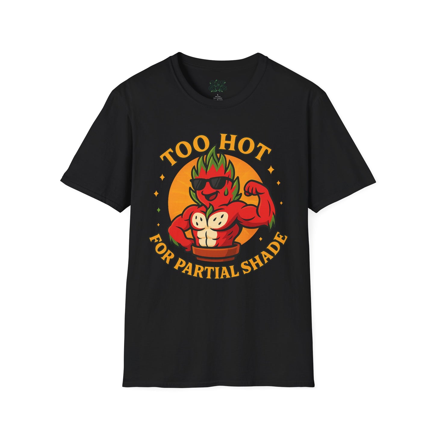 Too Hot For Partial Shade T-Shirt | Flaming Dragon Fruit Cartoon Design | Men's T-Shirt Plant Lover