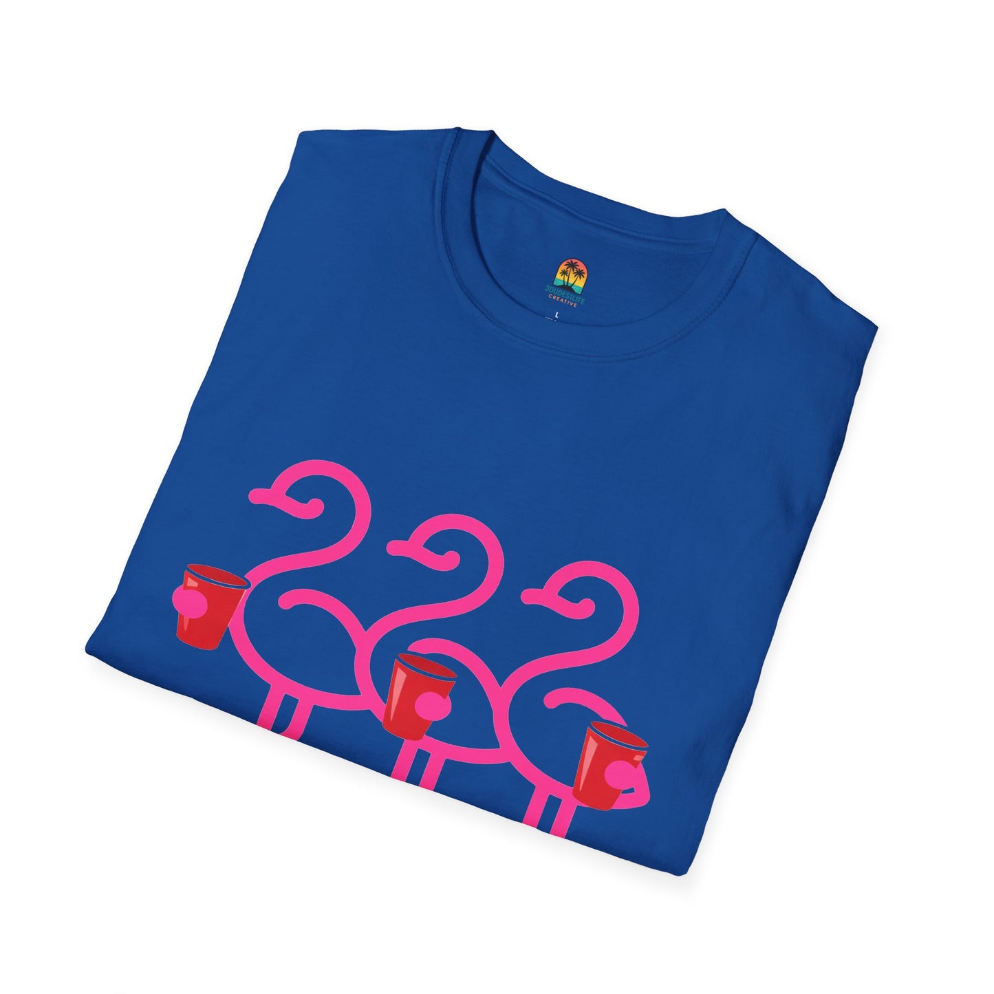 Pink Flamingos Holding Cups T-Shirt | Tropical Party Graphic | Red Cup Throuple Life