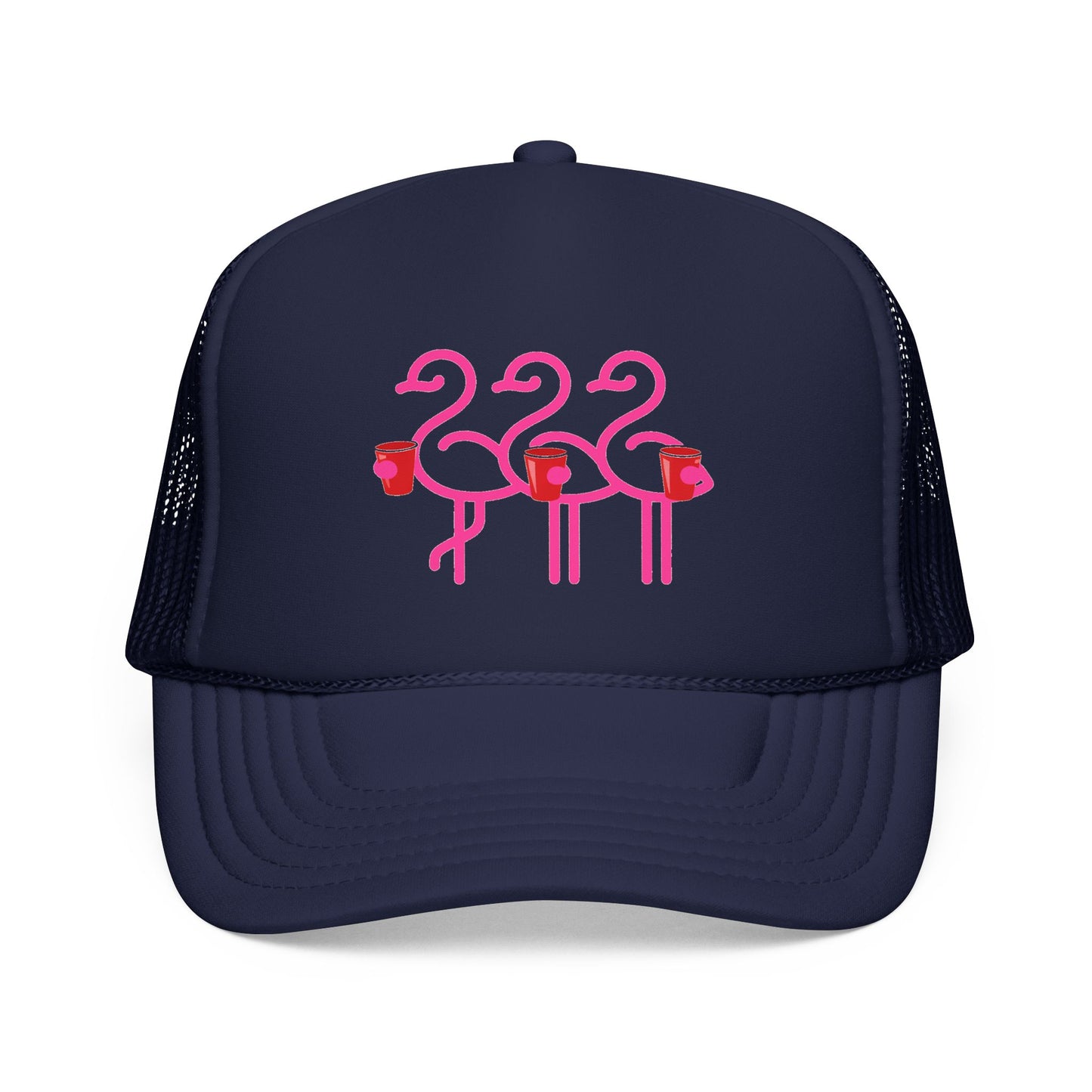 Pink Flamingo Trio Foam Trucker Hat | Retro Beach Party Mesh Cap | Red Cup Throuple Life