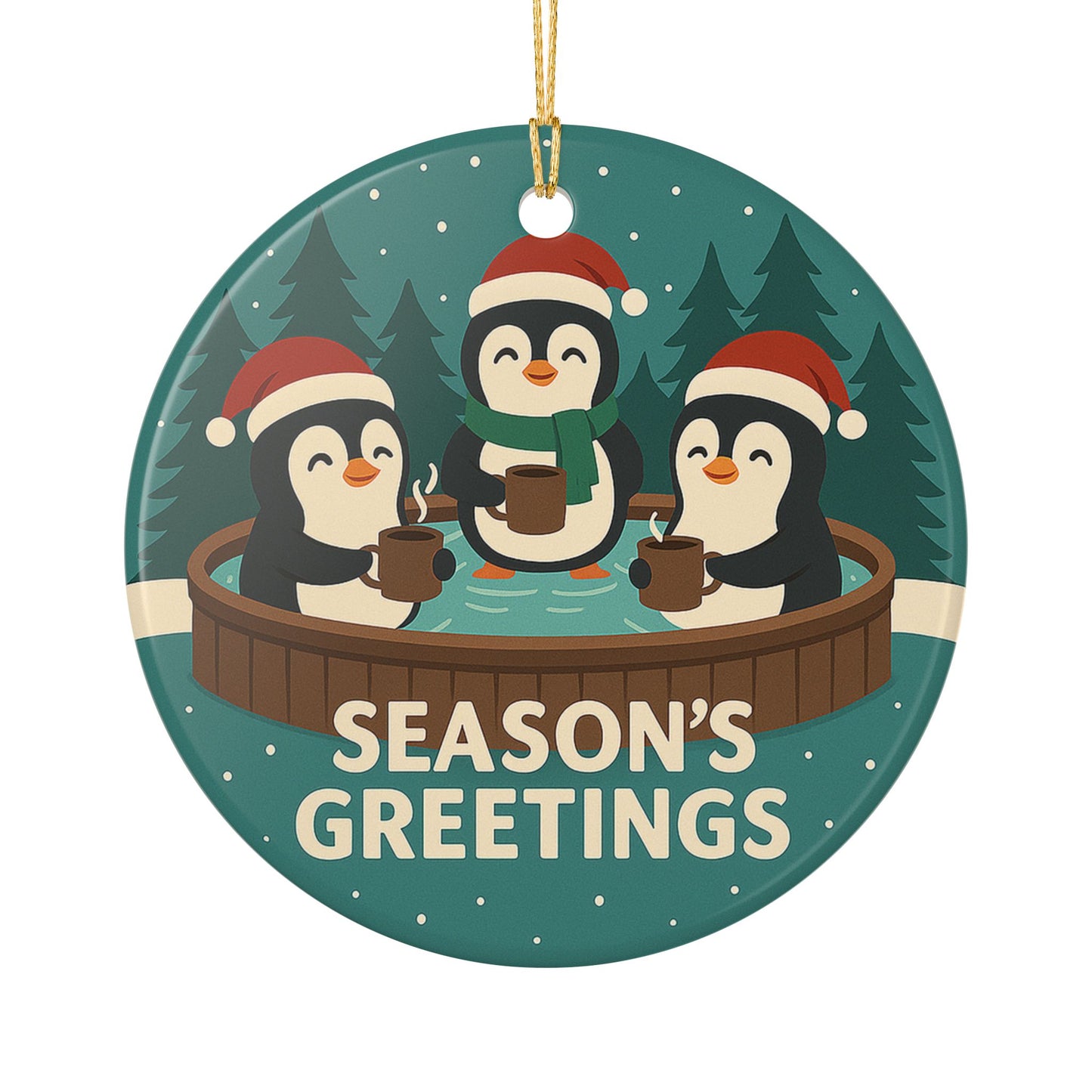 Penguins in Hot Tub Season's Greetings Ornament | Ceramic Holiday Decoration | Throuple Ornament