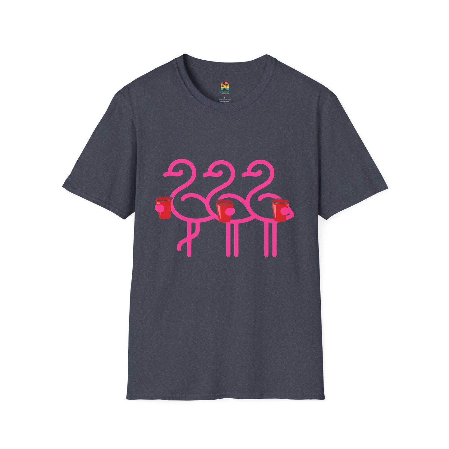 Pink Flamingos Holding Cups T-Shirt | Tropical Party Graphic | Red Cup Throuple Life