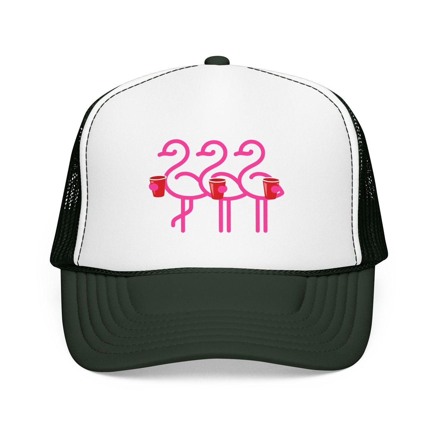 Pink Flamingo Trio Foam Trucker Hat | Retro Beach Party Mesh Cap | Red Cup Throuple Life