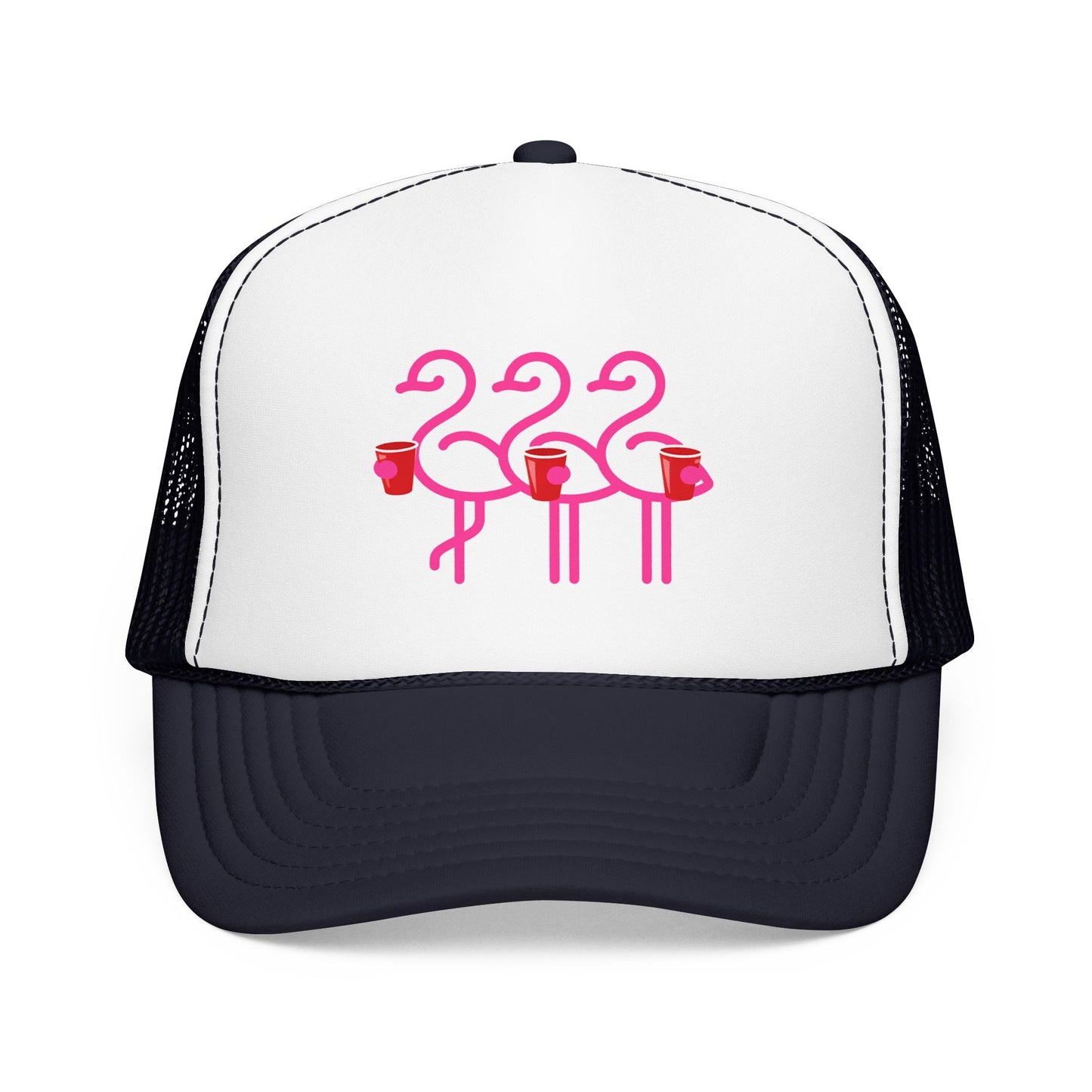 Pink Flamingo Trio Foam Trucker Hat | Retro Beach Party Mesh Cap | Red Cup Throuple Life