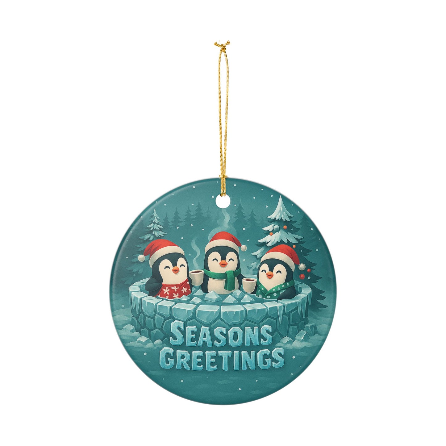 Penguins in Hot Tub Seasons Greetings Ornament | Ceramic Christmas Decoration | Throuple Ornament Trio Penguins