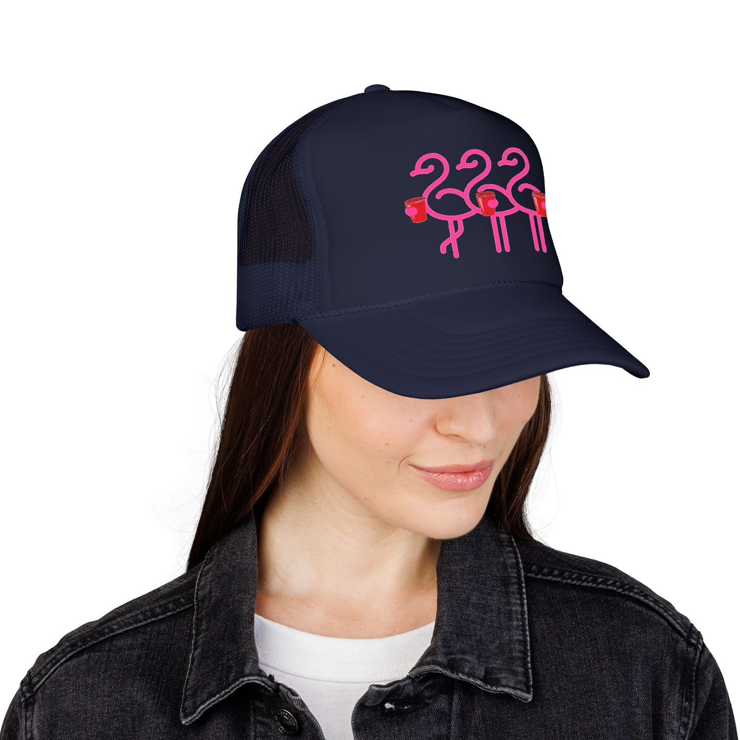 Pink Flamingo Trio Foam Trucker Hat | Retro Beach Party Mesh Cap | Red Cup Throuple Life