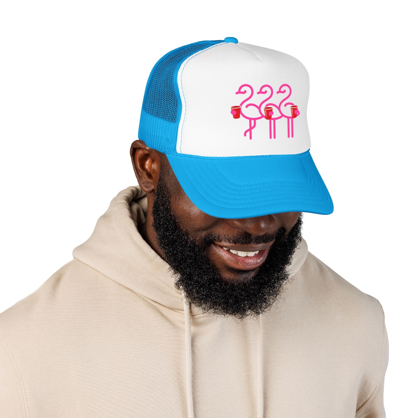 Pink Flamingo Trio Foam Trucker Hat | Retro Beach Party Mesh Cap | Red Cup Throuple Life