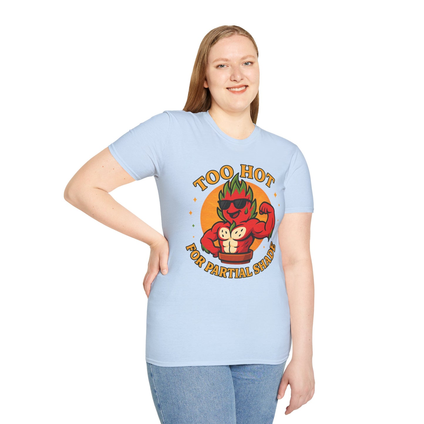 Too Hot For Partial Shade T-Shirt | Flaming Dragon Fruit Cartoon Design | Men's T-Shirt Plant Lover