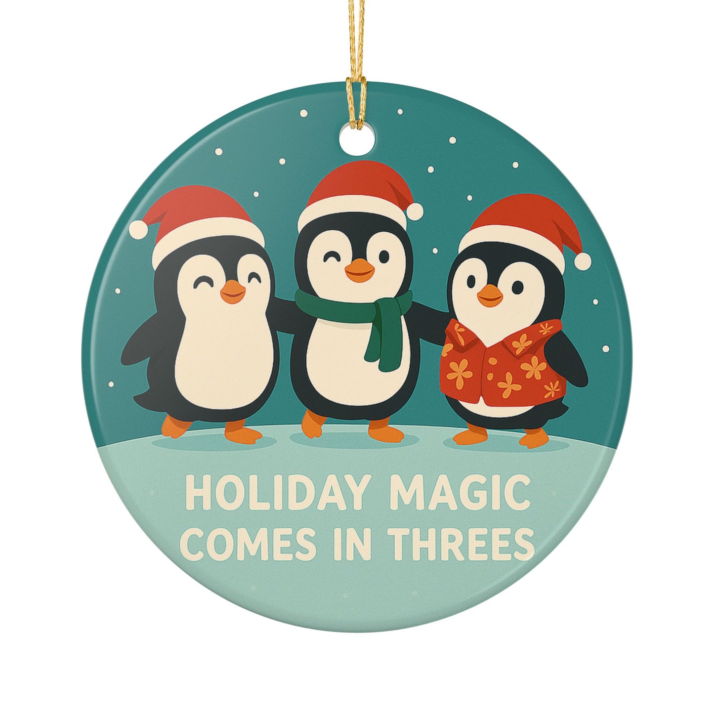 Holiday Magic Comes in Threes Ceramic Ornament | Penguin Trio Christmas Decoration | Throuple Ornament