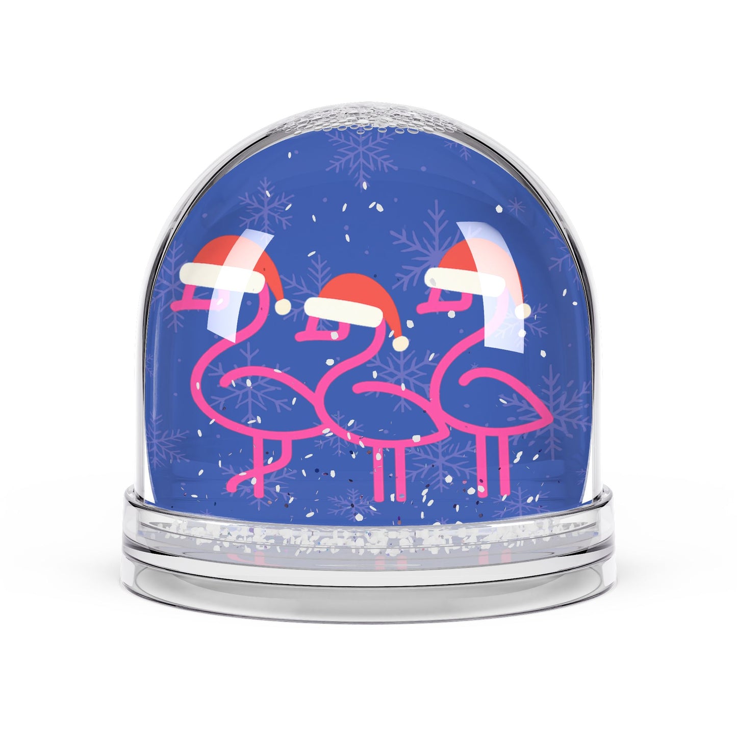 Pink Flamingos in Santa Hats Snow Globe | Holiday Winter Decor | Throuple Snow Globe