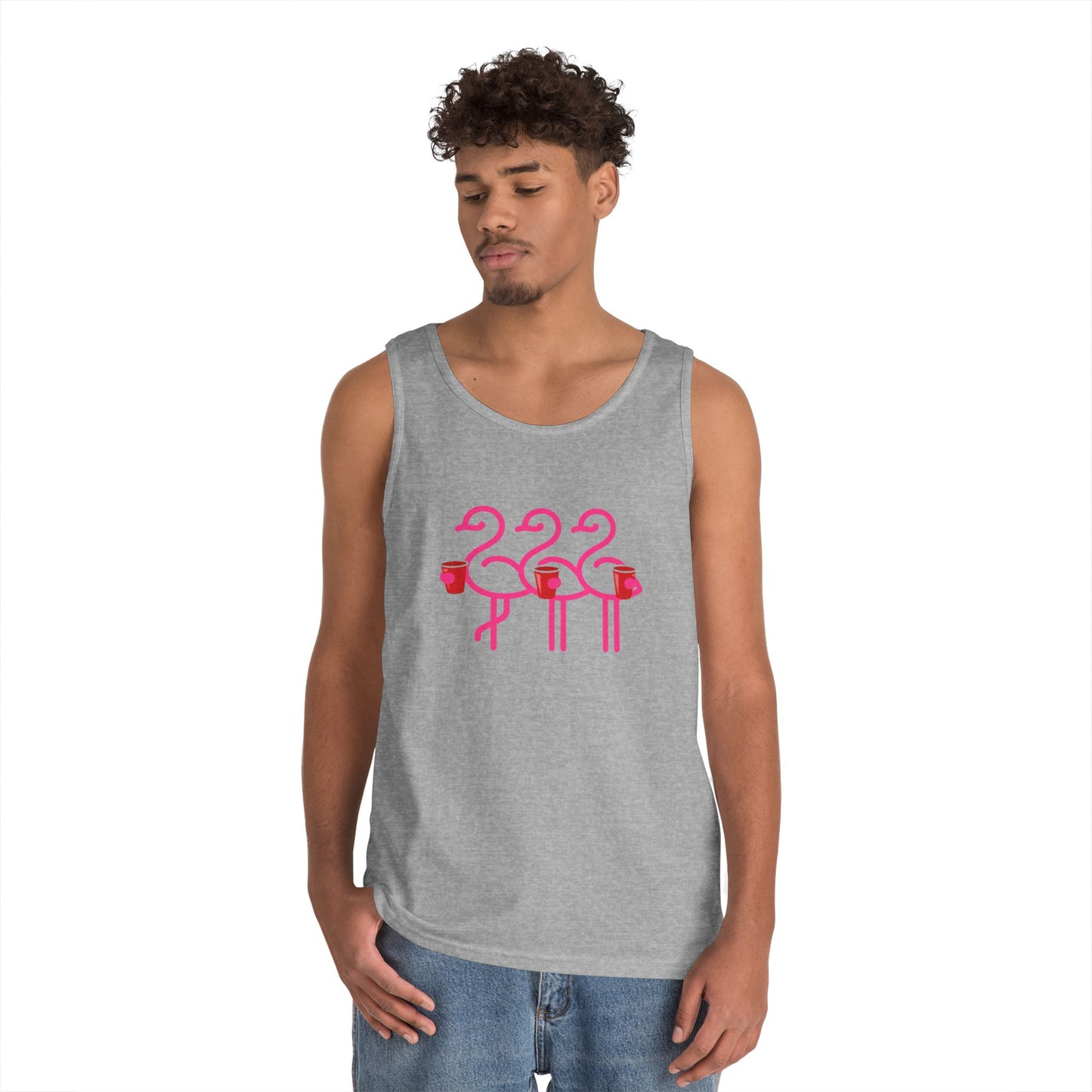 Three Pink Flamingos Tank Top | Retro Tropical Birds, Summer Beach Tee | Red Cup Throuple Life