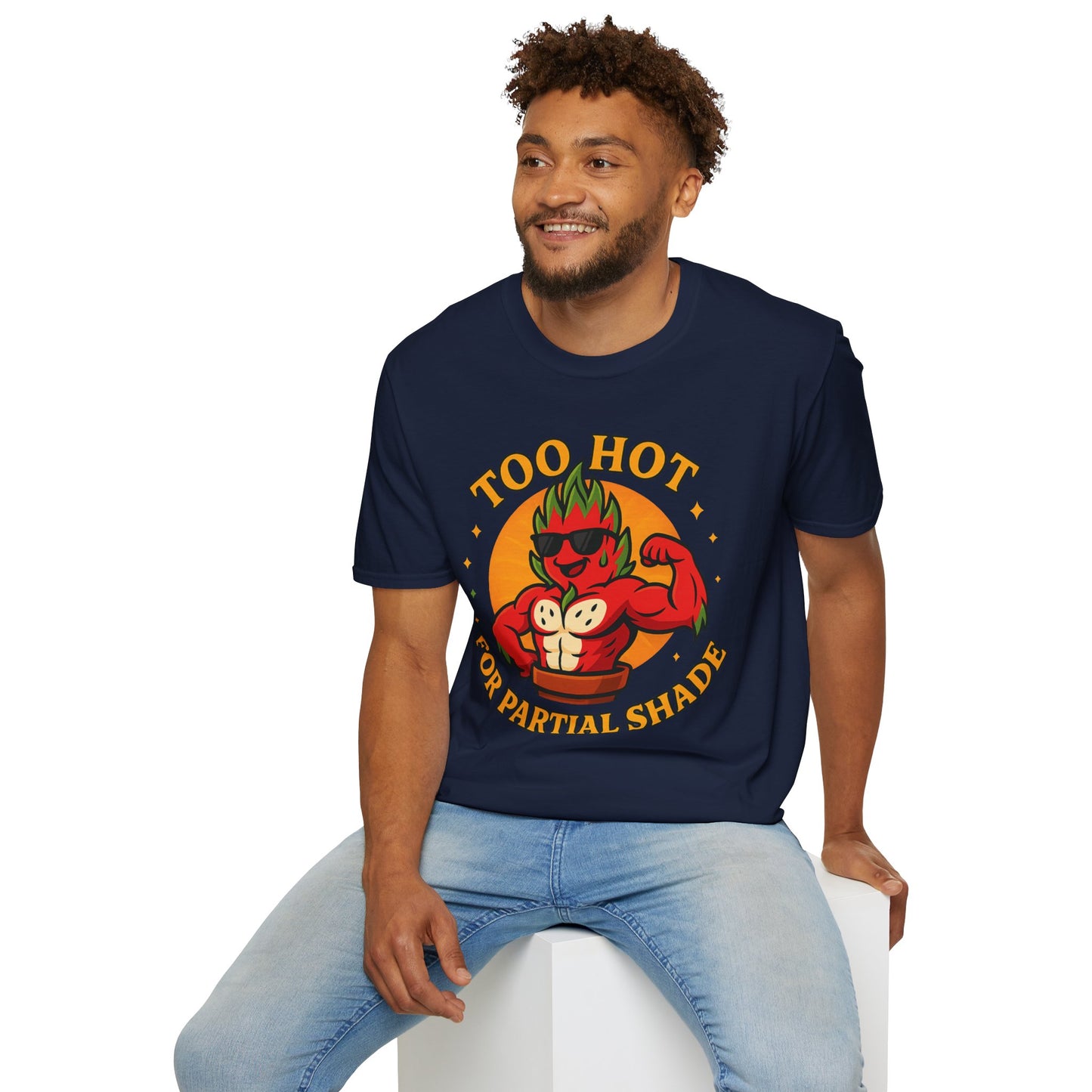 Too Hot For Partial Shade T-Shirt | Flaming Dragon Fruit Cartoon Design | Men's T-Shirt Plant Lover