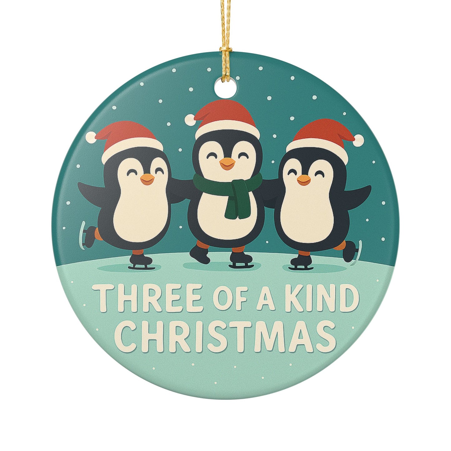 Three of a Kind Christmas Penguins Ornament | Ceramic Round Holiday Decoration | Throuple Ornament