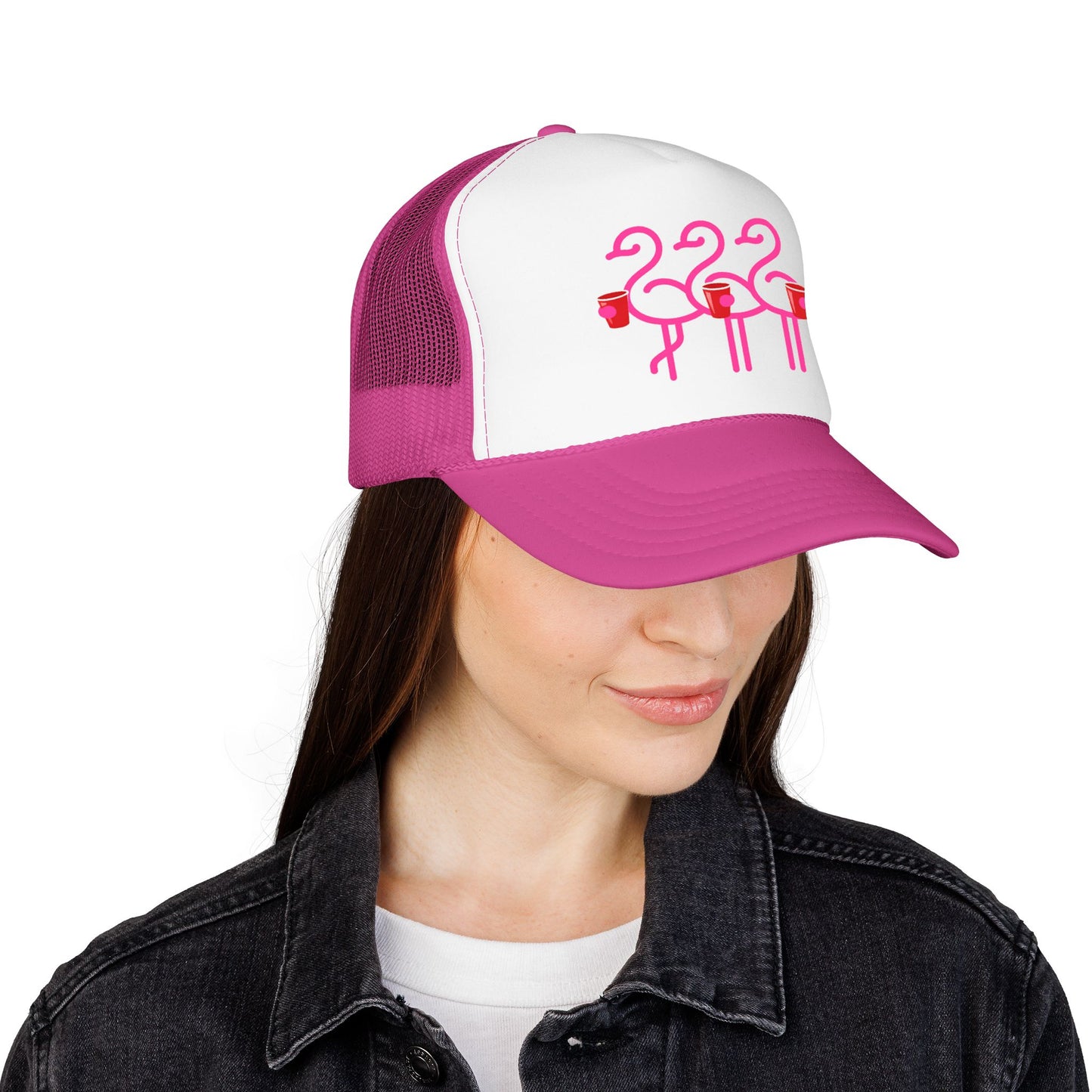 Pink Flamingo Trio Foam Trucker Hat | Retro Beach Party Mesh Cap | Red Cup Throuple Life