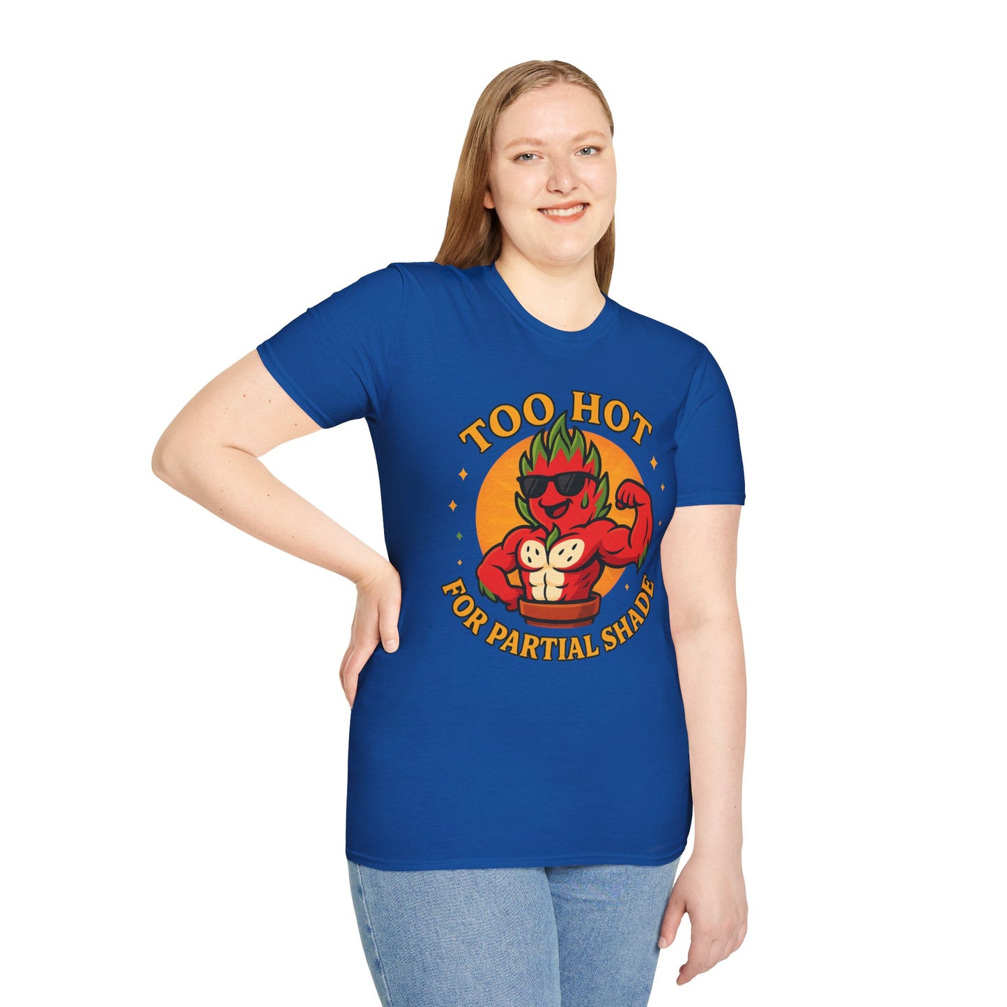 Too Hot For Partial Shade T-Shirt | Flaming Dragon Fruit Cartoon Design | Men's T-Shirt Plant Lover