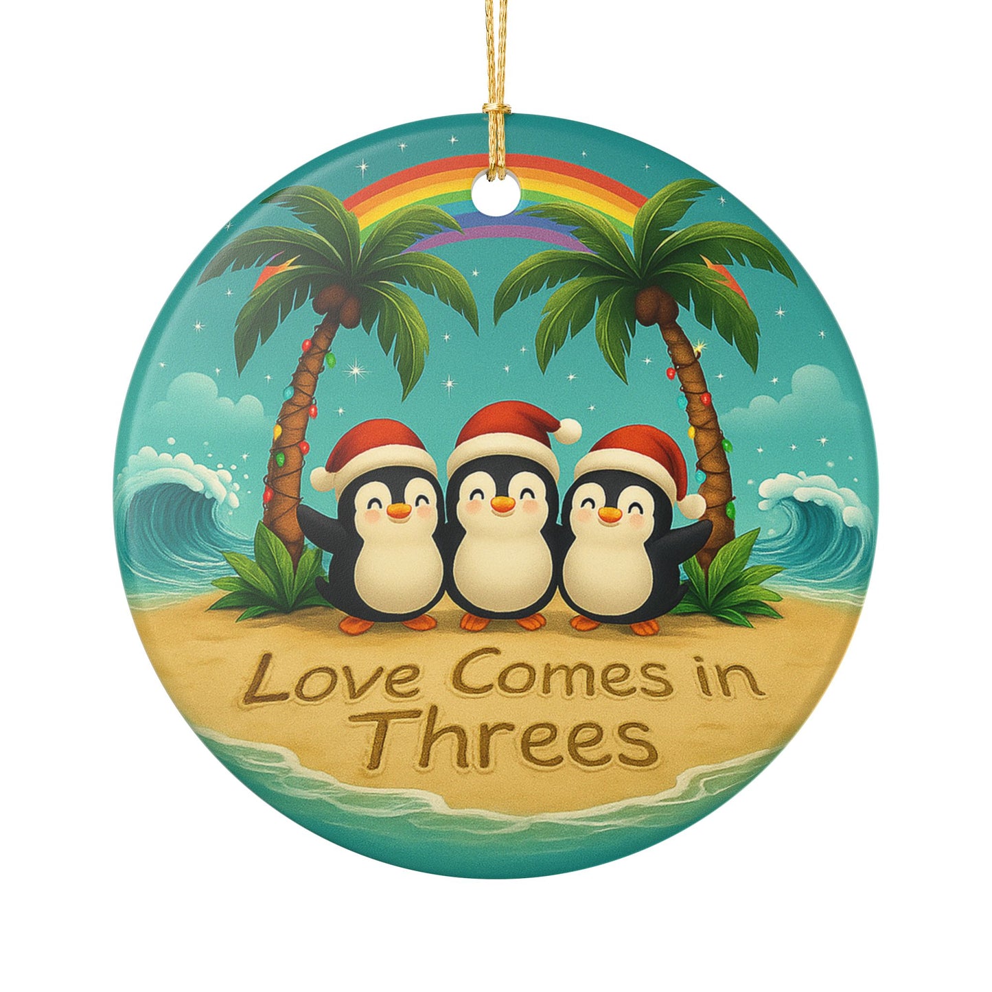 Love Comes in Threes Ceramic Ornament | Penguin Trio Beach Christmas | Throuple Ornament