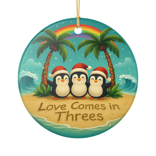 Love Comes in Threes Ceramic Ornament | Penguin Trio Beach Christmas | Throuple Ornament