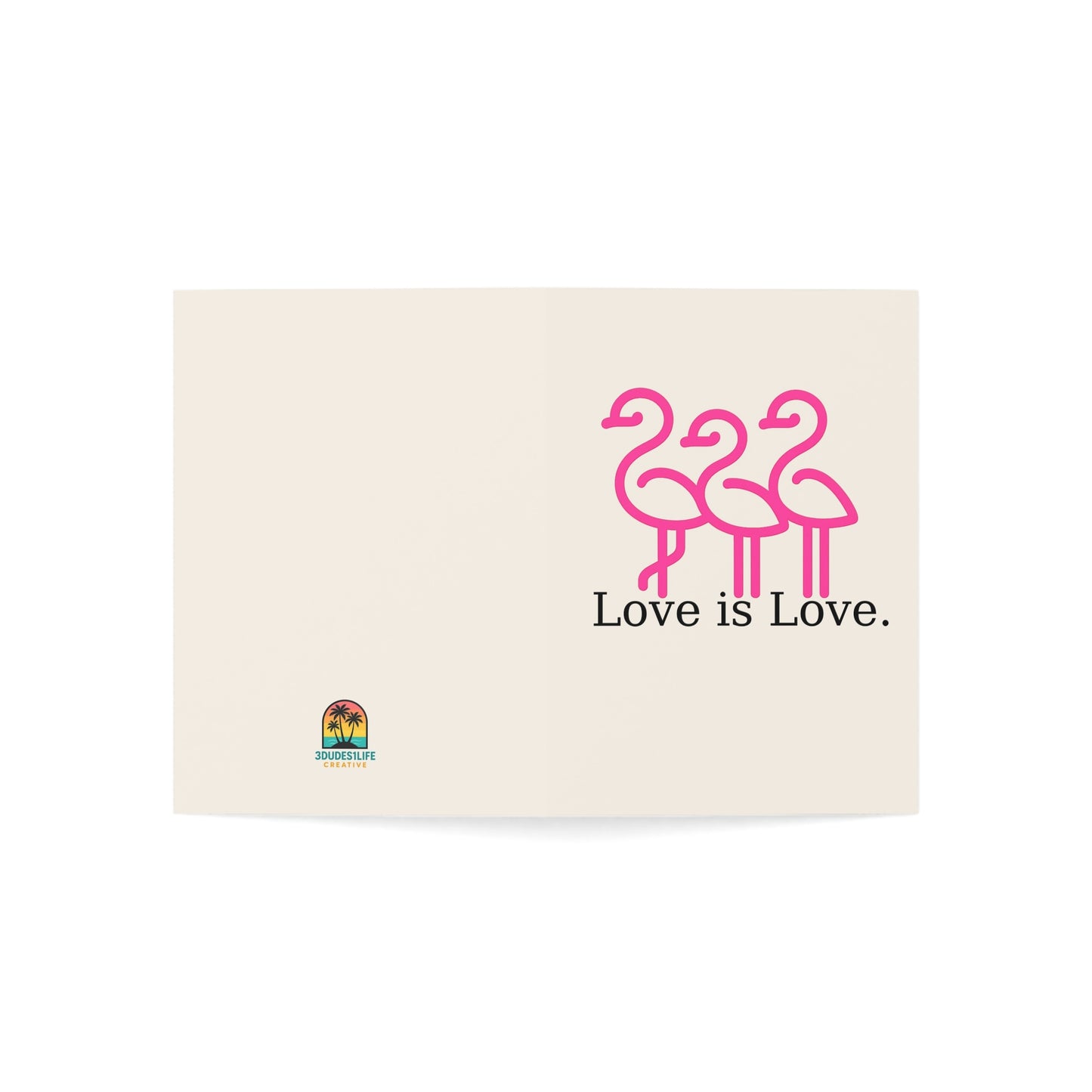 Pink Flamingos Love is Love Greeting Card | Pride Note Card | Throuple Valentine's Day Card