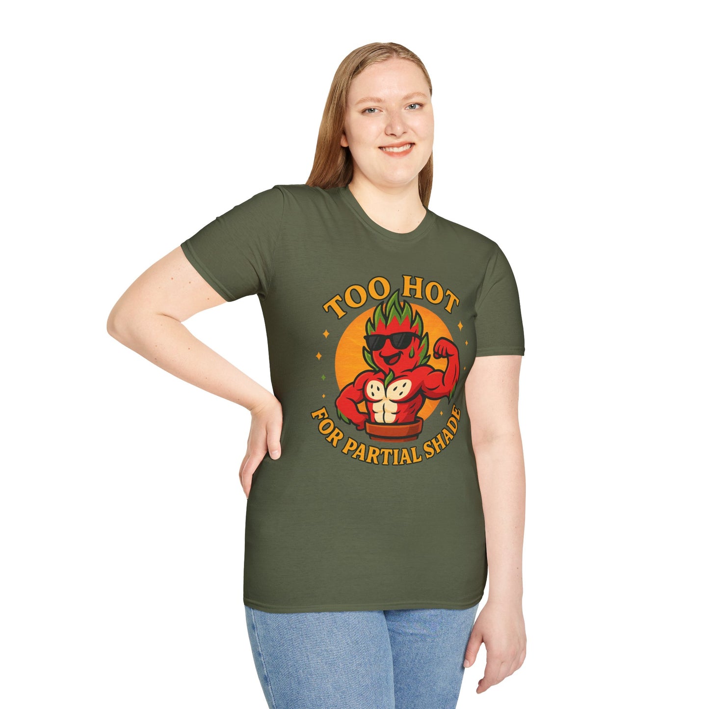 Too Hot For Partial Shade T-Shirt | Flaming Dragon Fruit Cartoon Design | Men's T-Shirt Plant Lover