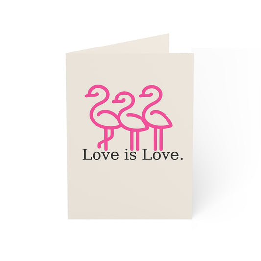Pink Flamingos Love is Love Greeting Card | Pride Note Card | Throuple Valentine's Day Card