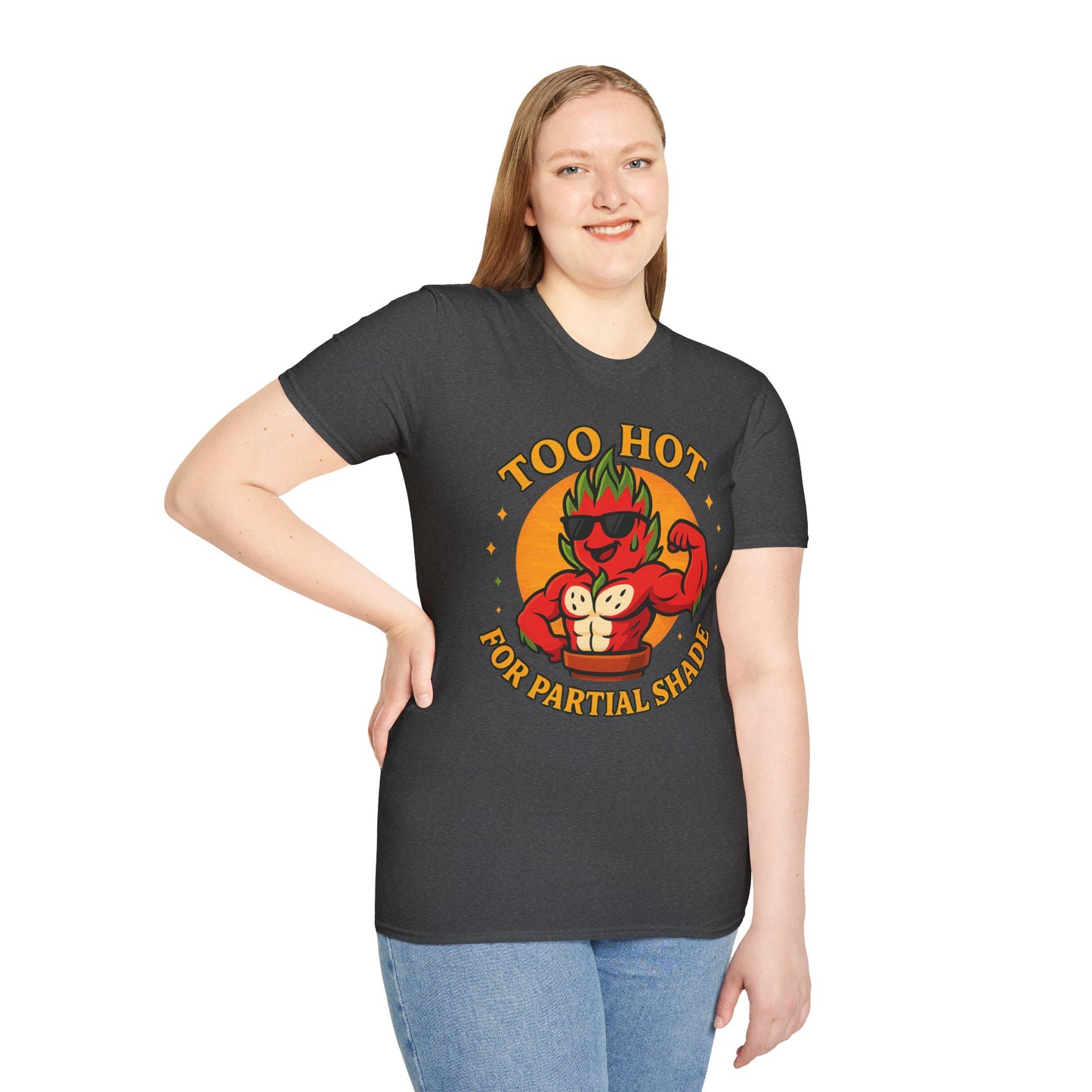 Too Hot For Partial Shade T-Shirt | Flaming Dragon Fruit Cartoon Design | Men's T-Shirt Plant Lover