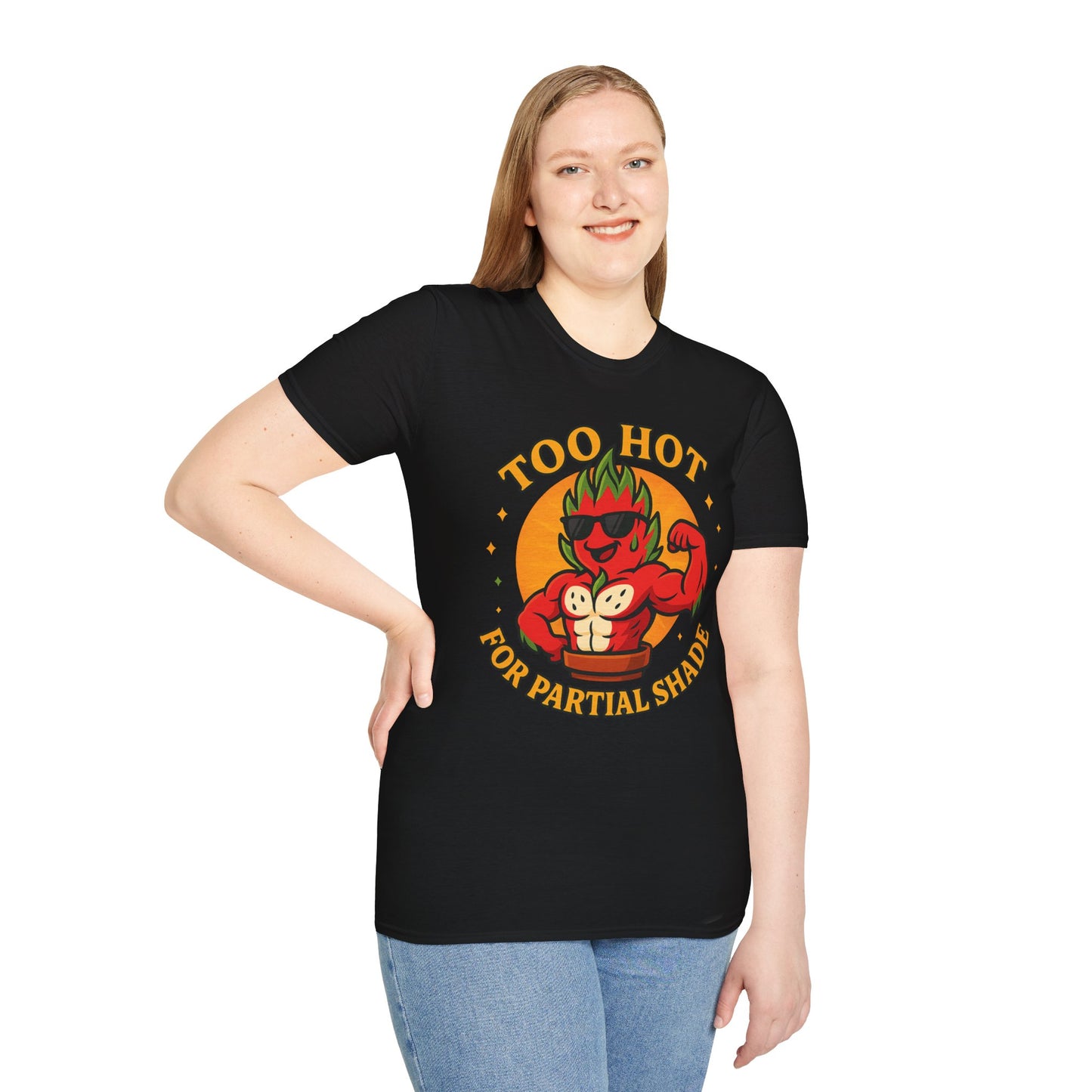 Too Hot For Partial Shade T-Shirt | Flaming Dragon Fruit Cartoon Design | Men's T-Shirt Plant Lover