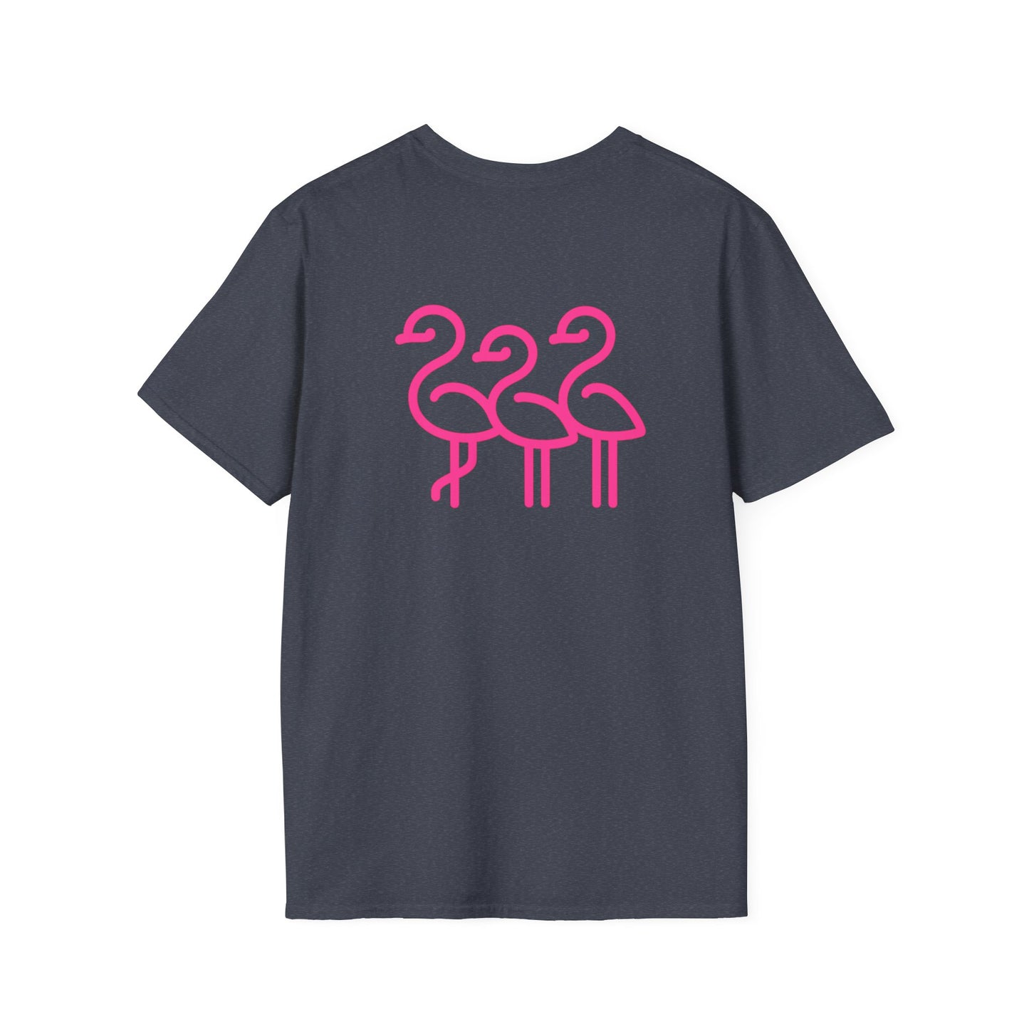 Pink Flamingo Trio T-Shirt | Small Chest Logo, Back Graphic | Throuple Shirt