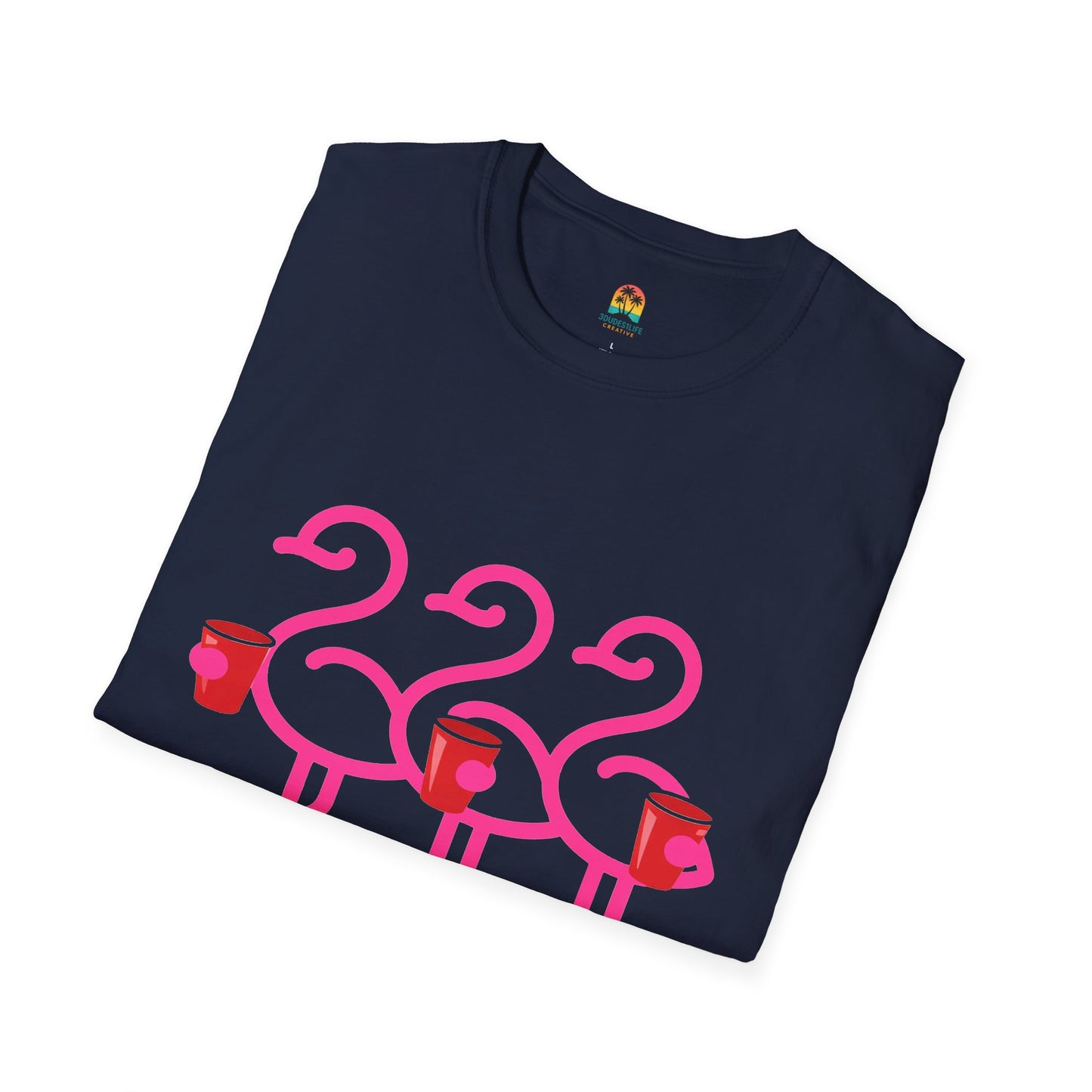 Pink Flamingos Holding Cups T-Shirt | Tropical Party Graphic | Red Cup Throuple Life