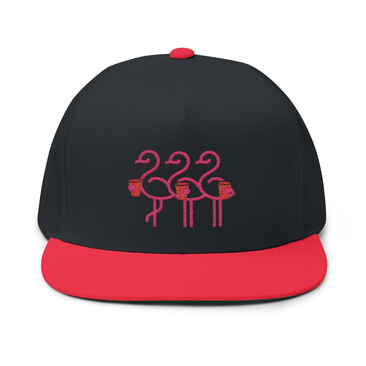 Three Pink Flamingos Embroidered Flat Bill Cap | Tropical Bird Hat | Red Cup Throuple Life