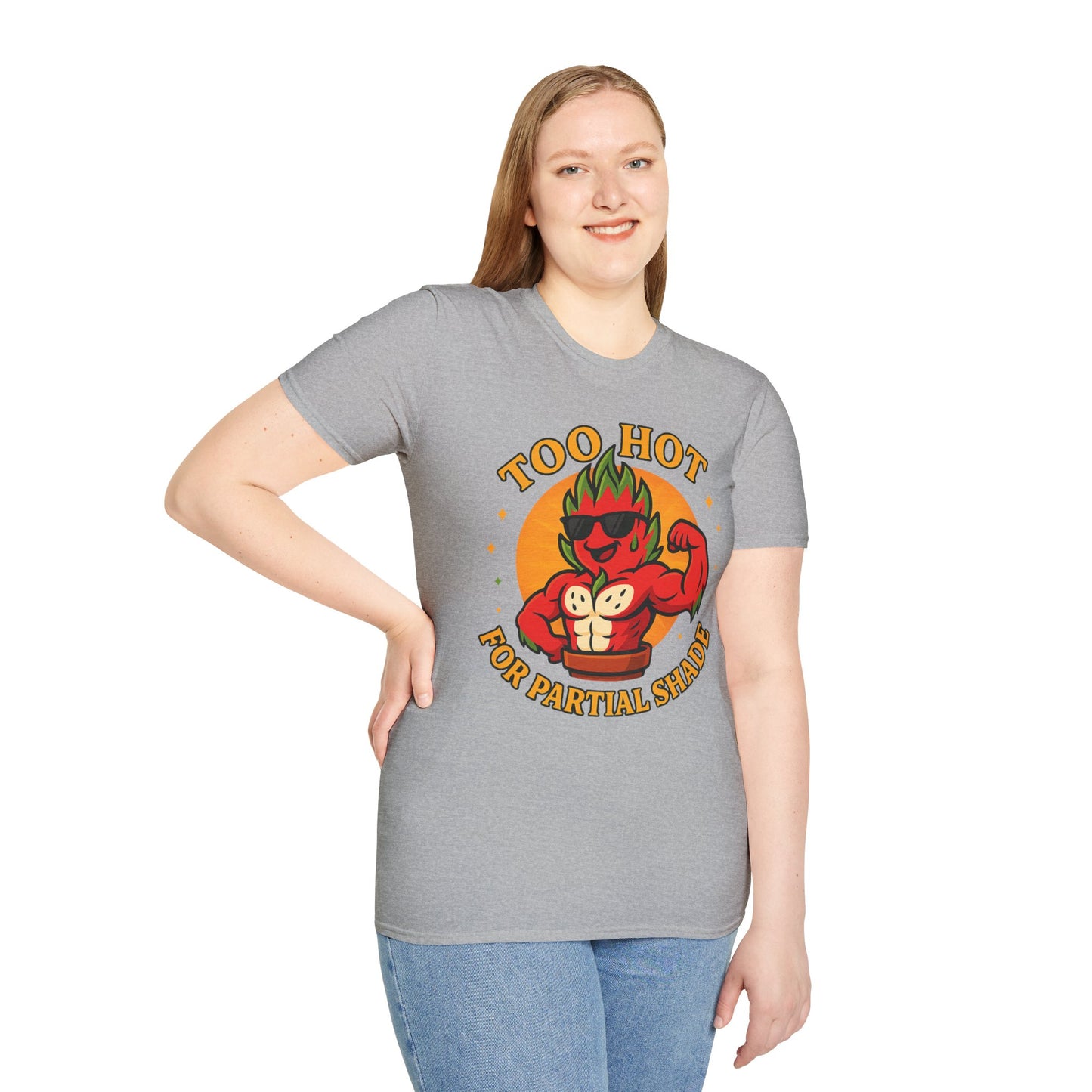 Too Hot For Partial Shade T-Shirt | Flaming Dragon Fruit Cartoon Design | Men's T-Shirt Plant Lover