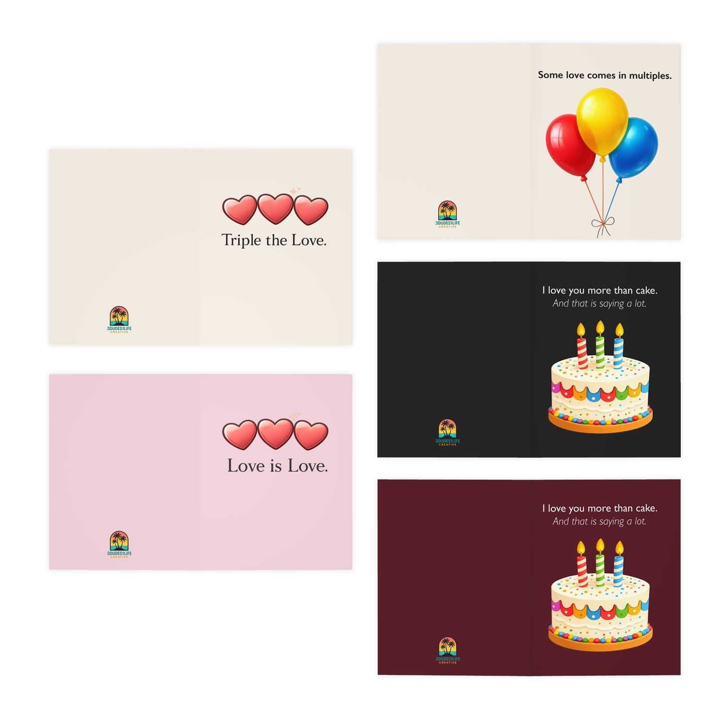 Hearts and Celebration Cards 5-Pack | Greeting Cards with Hearts, Balloons, Birthday Cake | Throuple Cards