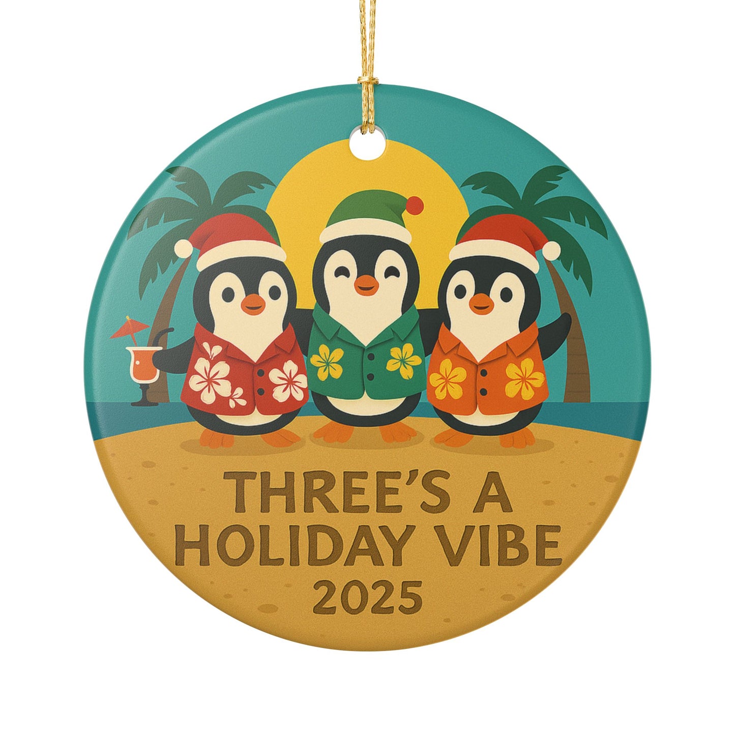 Three's a Holiday Vibe Penguins Ceramic Ornament | 2025 Tropical Christmas | Throuple Ornament
