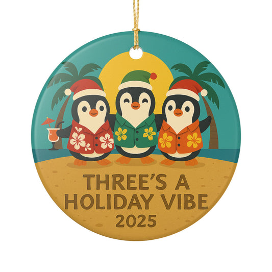 Three's a Holiday Vibe Penguins Ceramic Ornament | 2025 Tropical Christmas | Throuple Ornament