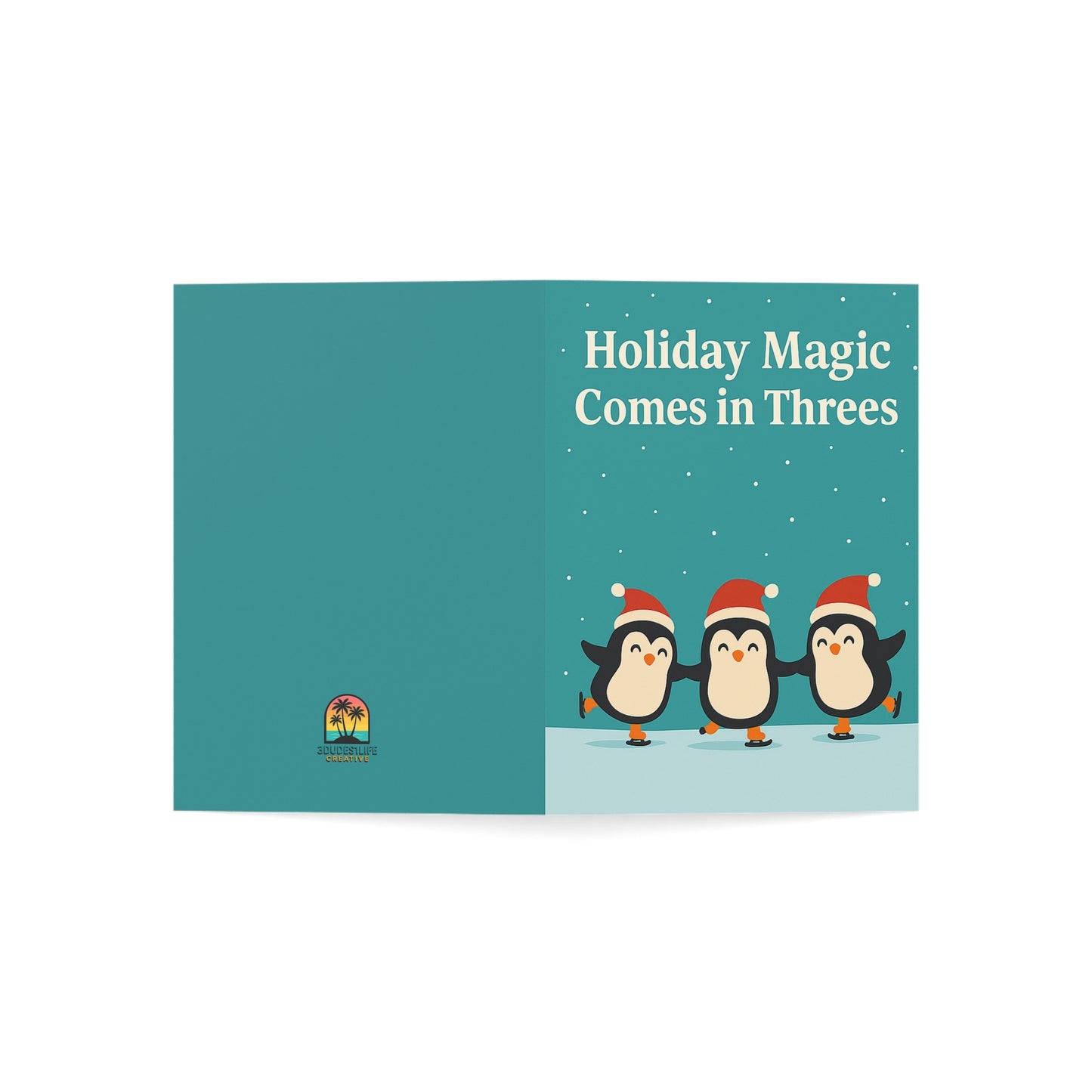 Holiday Magic Comes in Threes Greeting Cards | Penguins Holiday Card Blank Inside | Throuple Card
