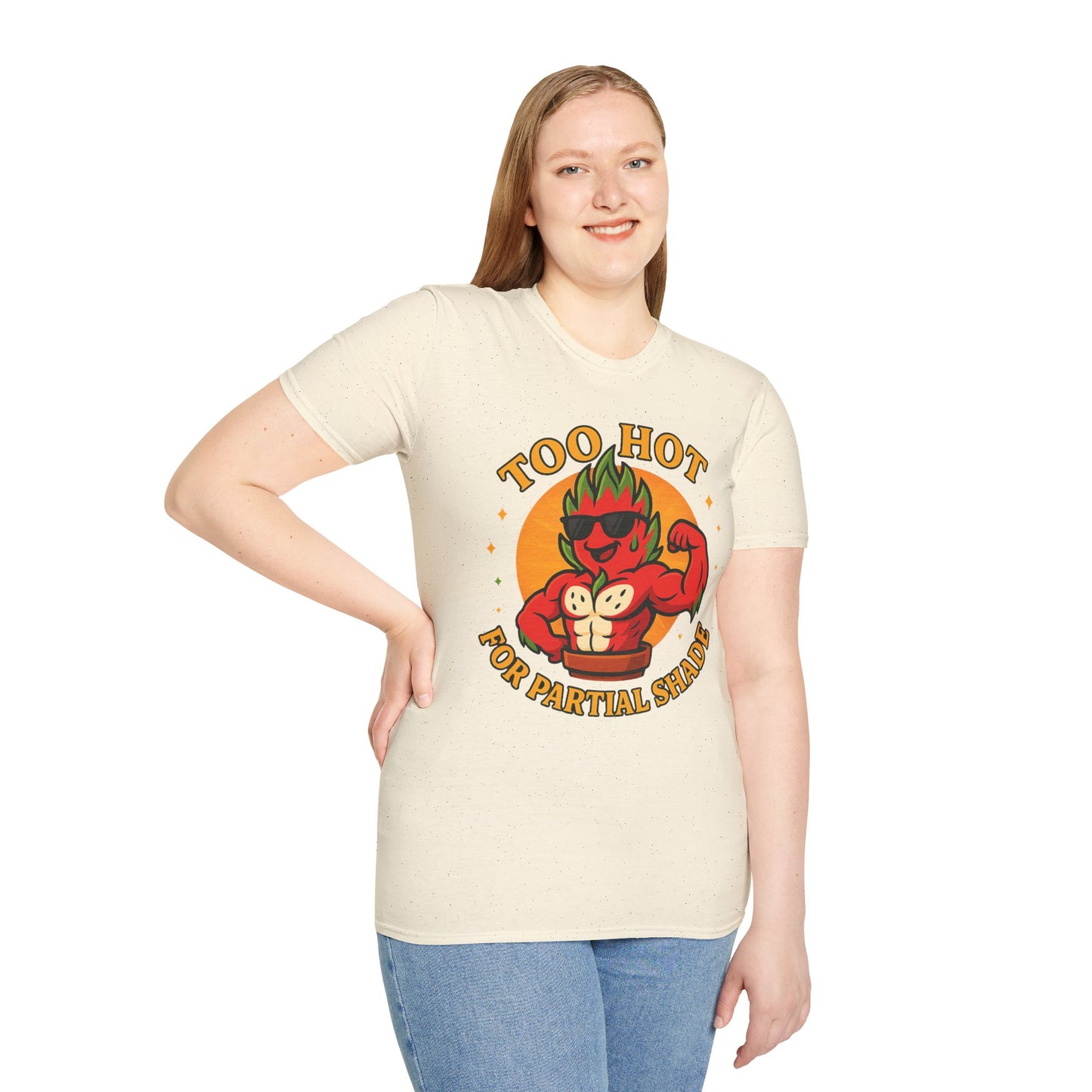 Too Hot For Partial Shade T-Shirt | Flaming Dragon Fruit Cartoon Design | Men's T-Shirt Plant Lover
