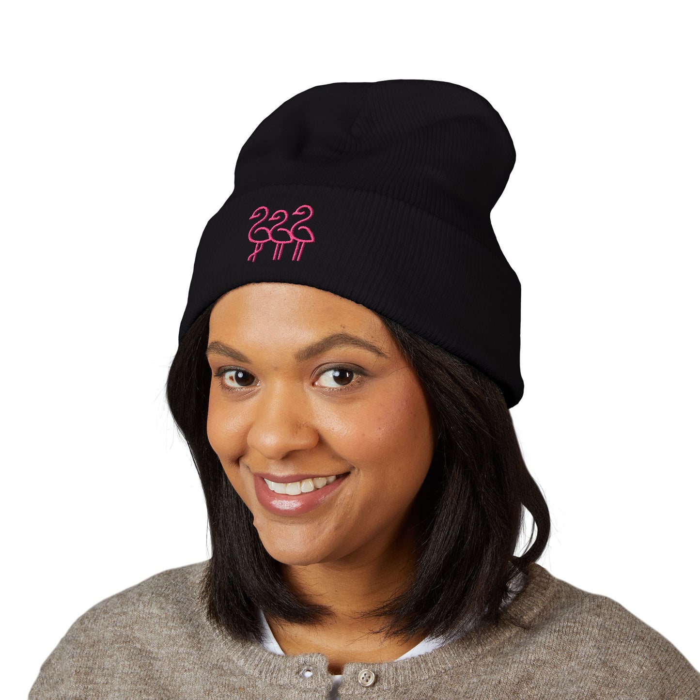 Pink Flamingo Trio Soft Beanie | Cuffed Embroidered Beanie | Throuple Gift Ideas